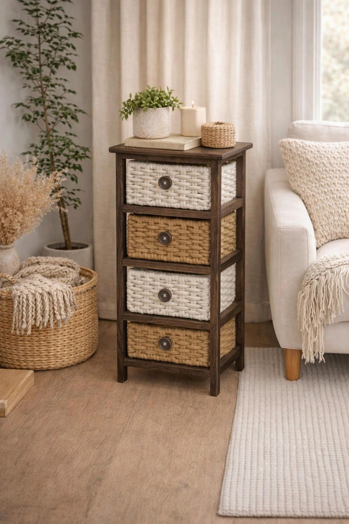 KOMMODE , , 4 Schublade(n)  - Dunkelbraun/Creme, Design, Holz/Textil (25/30/74cm) - MID.YOU