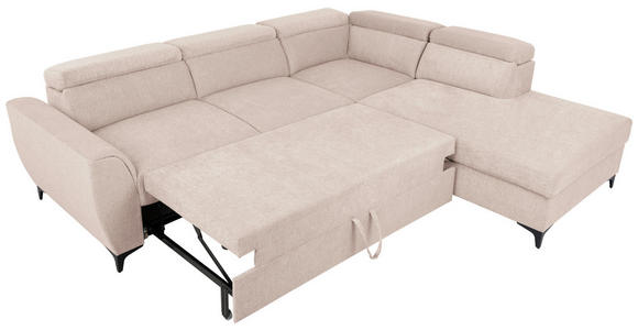 ECKSOFA Creme Velours  inkl. Bettkasten, Schlaffunktion, Rücken echt, Kopfteilverstellung, Liegefläche im Originalstoff  - Creme/Schwarz, KONVENTIONELL, Textil/Metall (255/217cm) - Carryhome