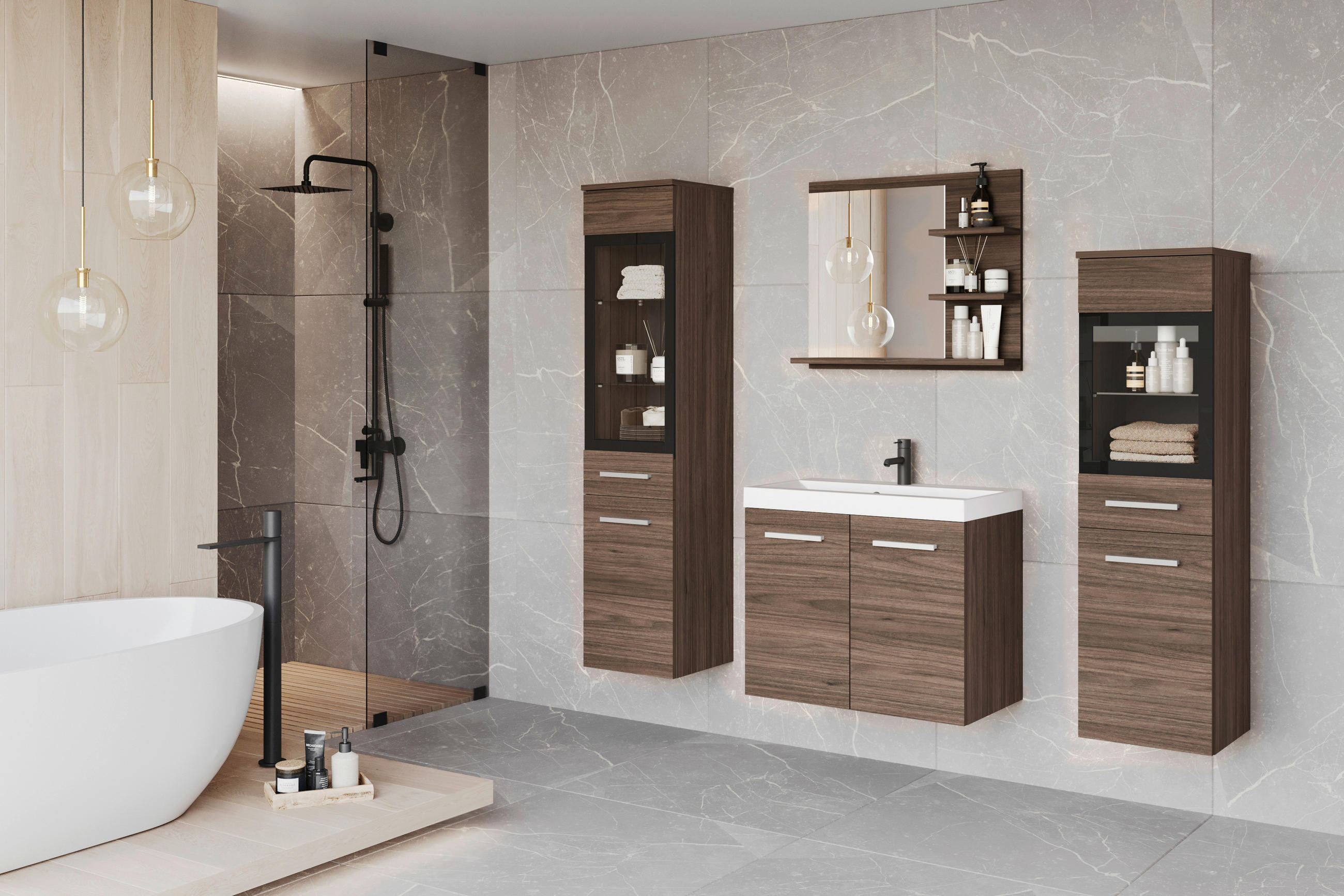 BADEZIMMER 5-teilig  in  - Nussbaumfarben/Weiß, LIFESTYLE, Glas/Keramik (120,4/131,5/34,5cm) - P & B
