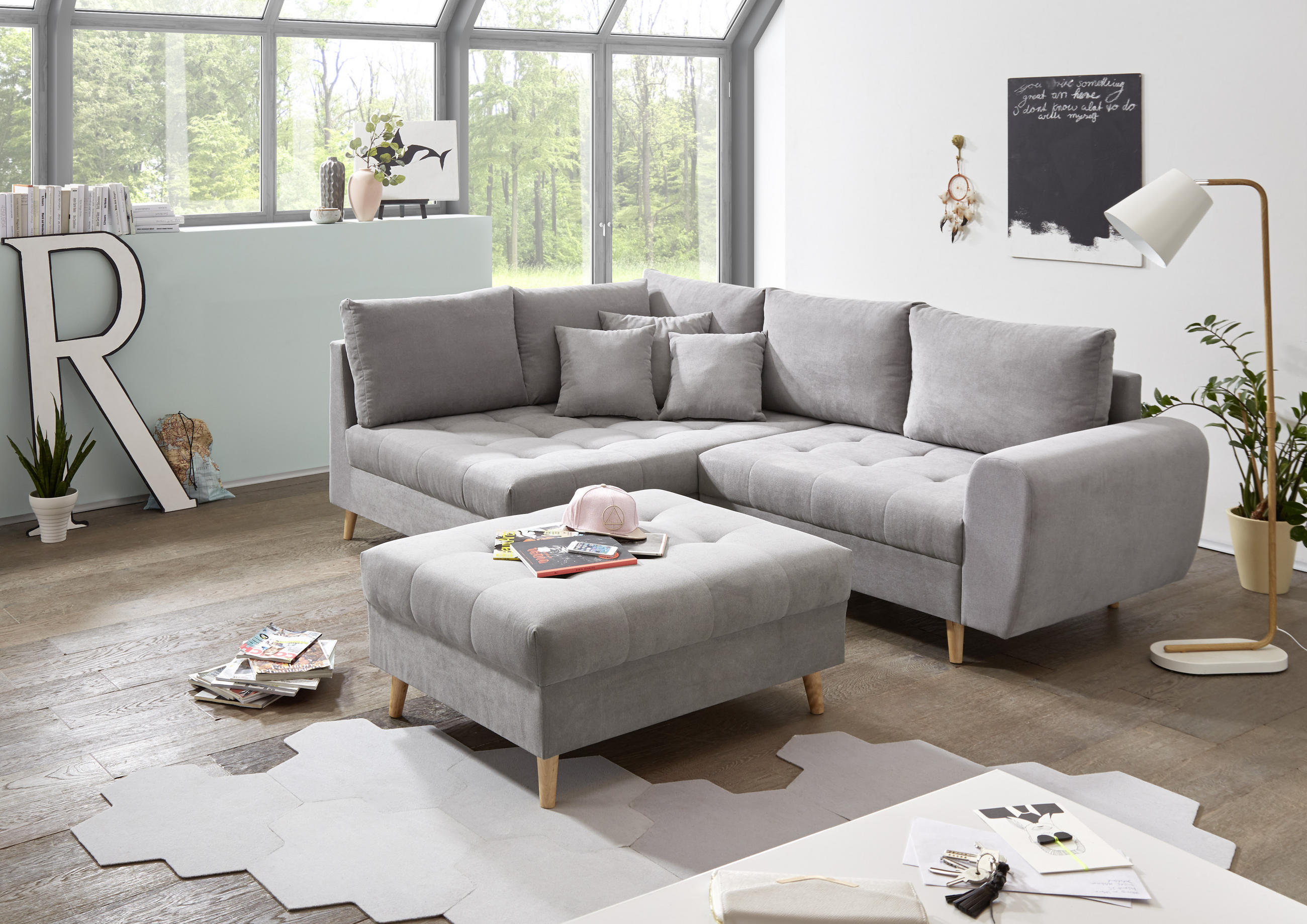 HOCKER Mikrovelours Hellgrau  - Hellgrau/Kieferfarben, KONVENTIONELL, Holz/Textil (106/48/80cm) - MID.YOU