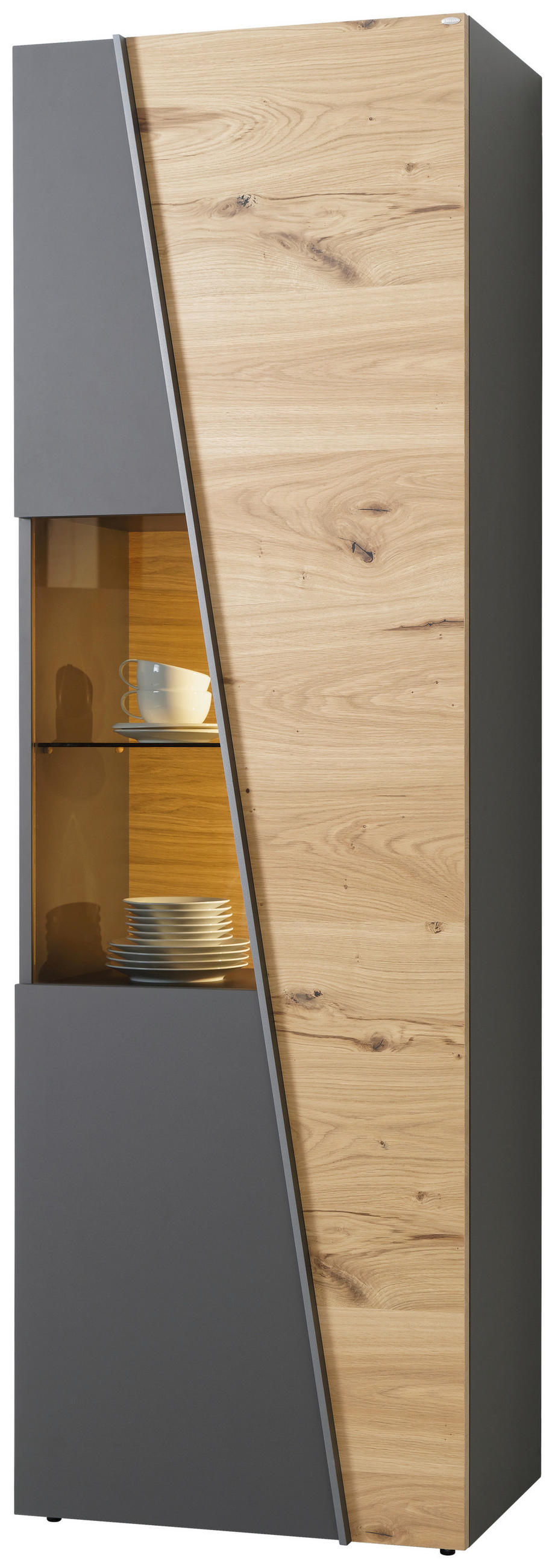 VITRINE  in furniert, mehrschichtige Massivholzplatte (Tischlerplatte) Wildeiche Graphitfarben, Wildeiche - Wildeiche/Graphitfarben, Natur, Glas/Holz (63,8/202/42,3cm) - Voglauer