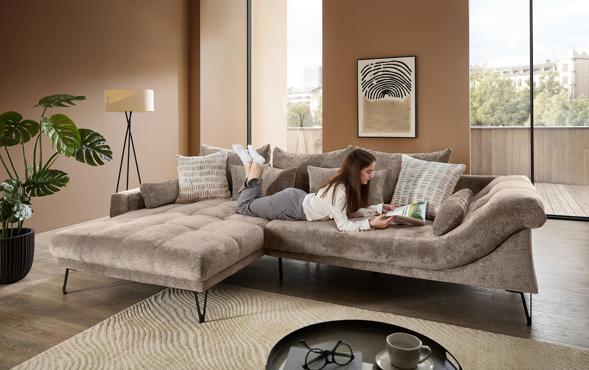 ECKSOFA Chenille Braun  - Schwarz/Braun, Konventionell, Textil/Metall (192/310cm) - Livetastic