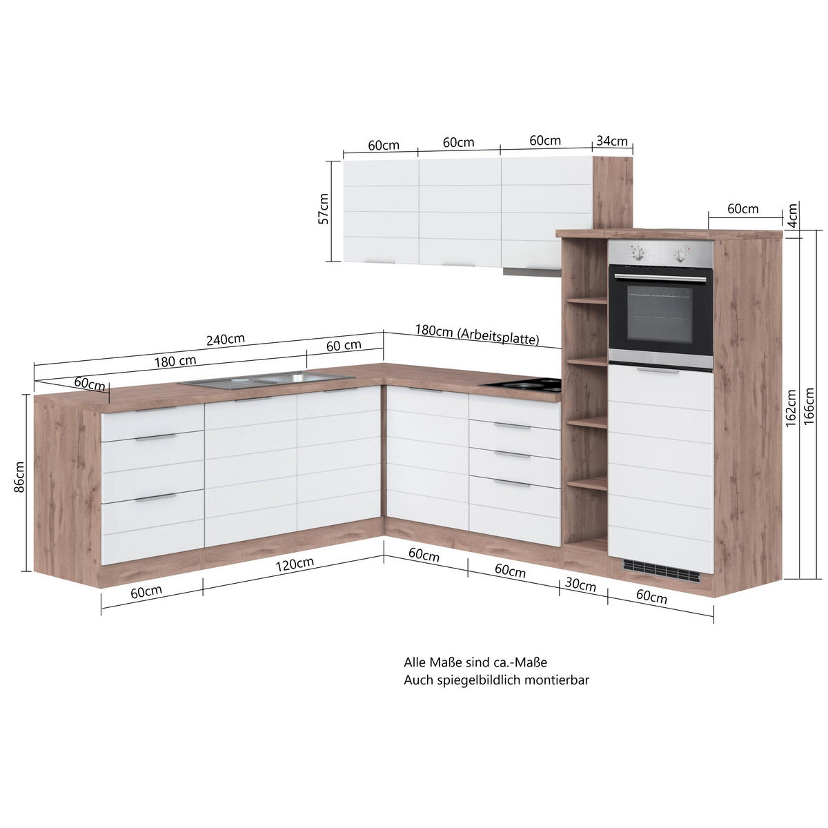 ECKKÜCHE 240/270 cm  in Weiß, Eiche Wotan  - Eiche Wotan/Weiß, Design, Holzwerkstoff/Metall (240/270cm) - Held