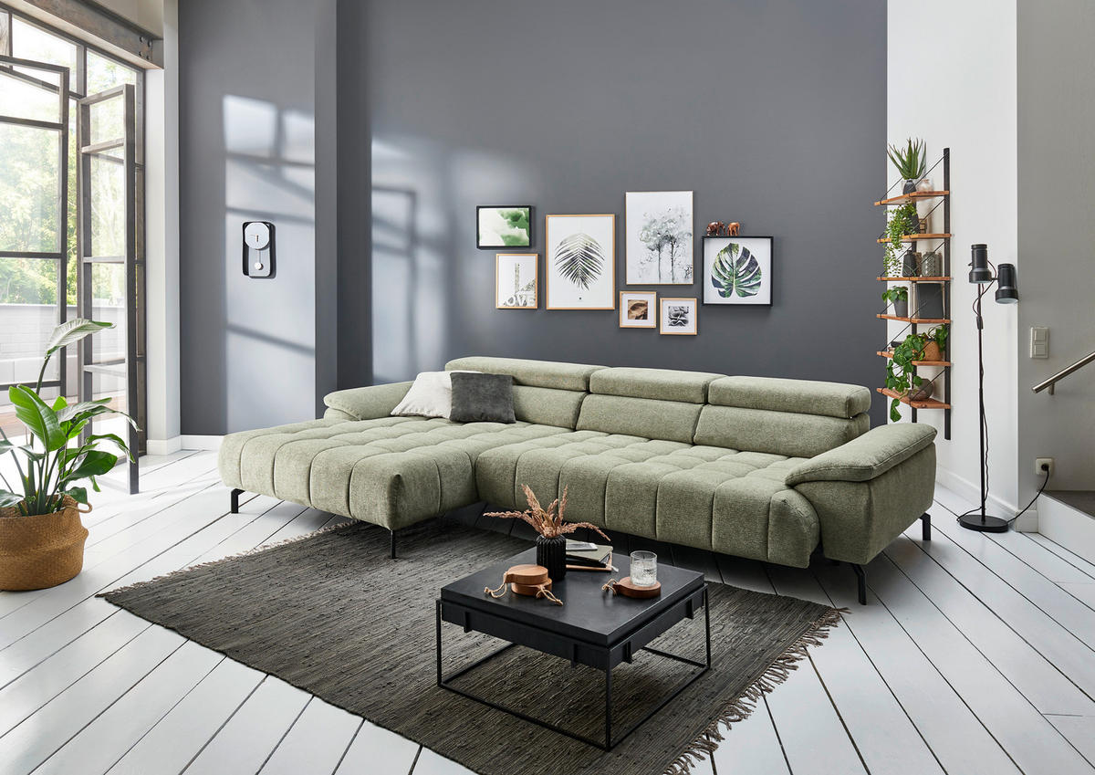 ECKSOFA in Webstoff Grün  - Schwarz/Grün, Design, Textil/Metall (329/190cm) - Beldomo Style