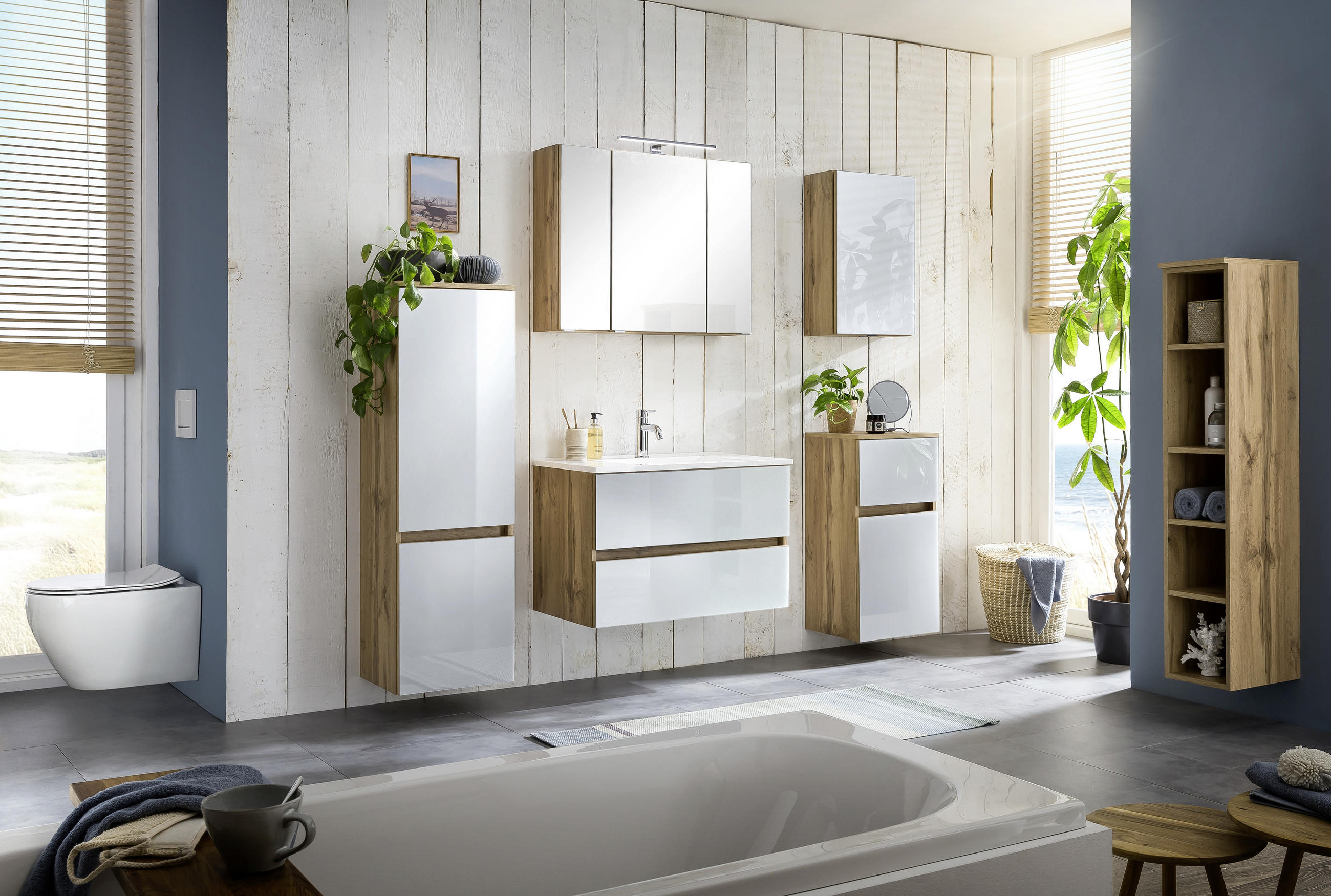 WASCHTISCHKOMBI 80 cm - Weiss/Eichefarben, Konventionell, Glas/Holzwerkstoff (80cm) - Held