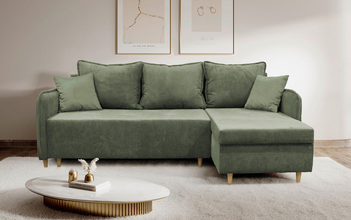 ECKSOFA TEDDY Mintgrün Cord, Bouclé Zierkissen, Rückenkissen, Bettkasten  - Naturfarben/Mintgrün, Design, Holz/Textil (215/142cm) - MID.YOU