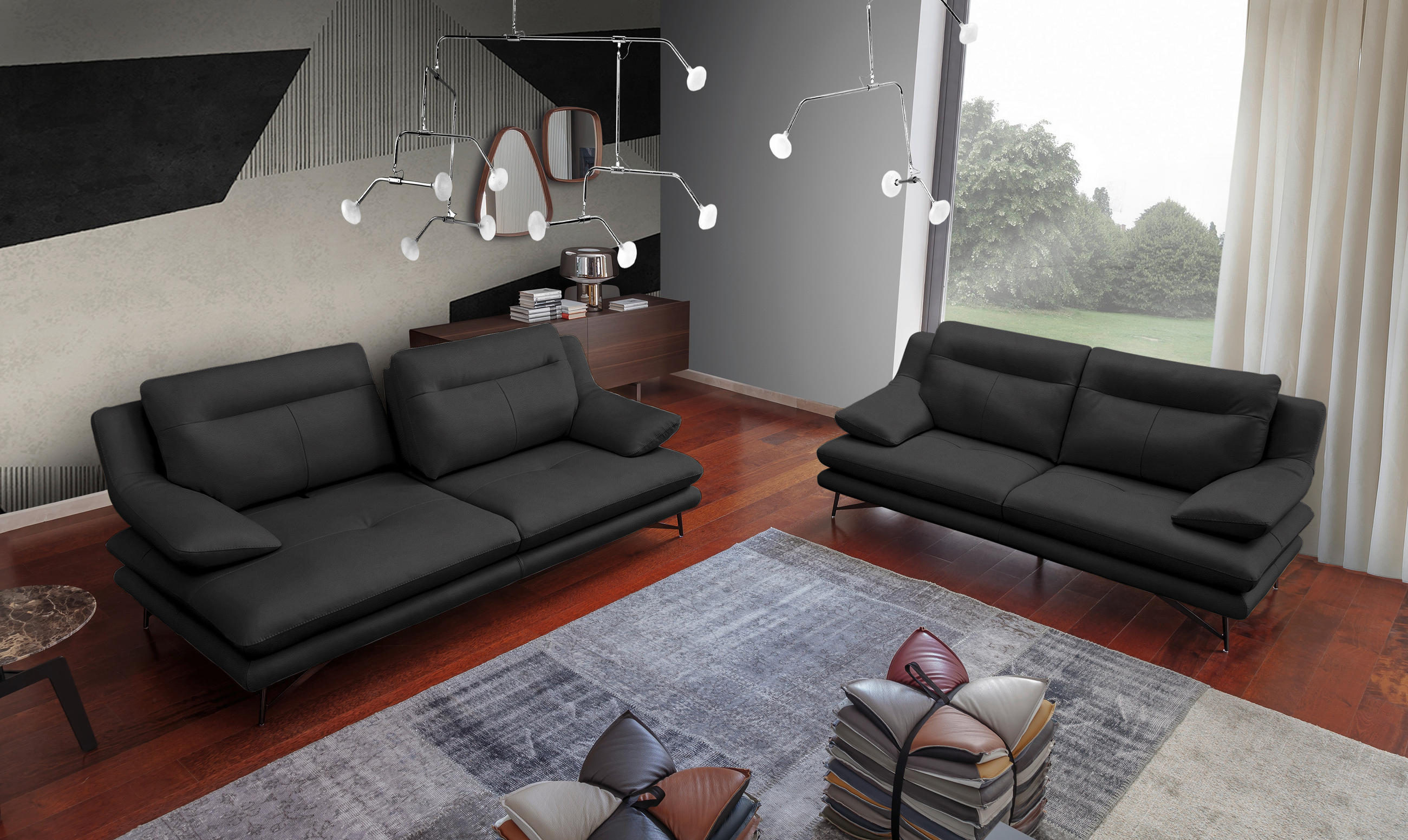 3-SITZER-SOFA in Leder Anthrazit  - Anthrazit, Design, Leder/Metall (215/90/109cm)