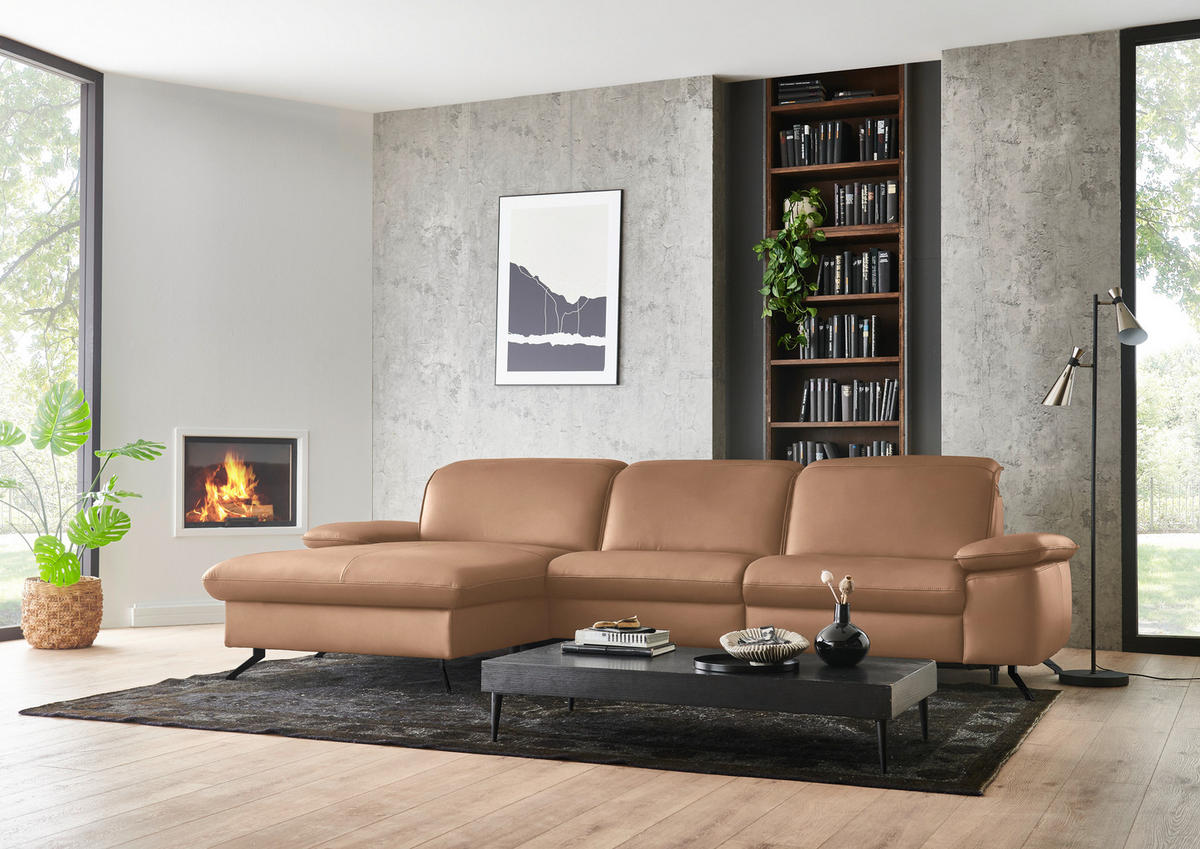 ECKSOFA  Echtleder Hellbraun  - Hellbraun/Schwarz, Design, Leder/Metall (169/307cm) - Beldomo Premium