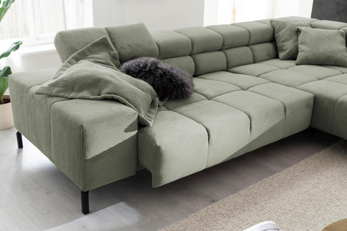 ECKSOFA in Cord Dunkelgrün  - Dunkelgrün/Schwarz, Design, Textil/Metall (321/216cm) - Hom`in