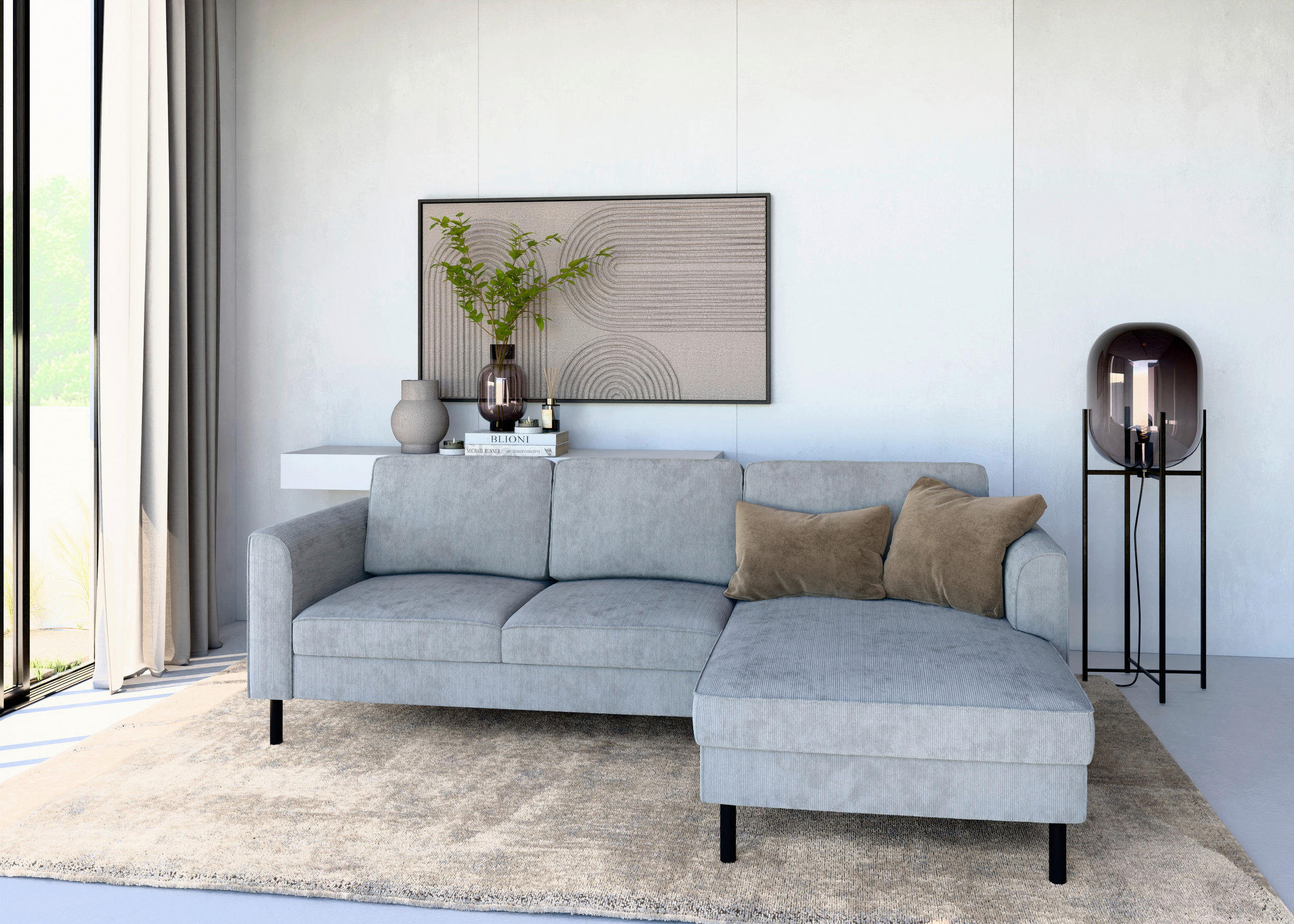 ECKSOFA  in Cord Grau  232/161 cm  - Schwarz/Grau, MODERN, Textil/Metall (232/161cm) - Trendmanufaktur