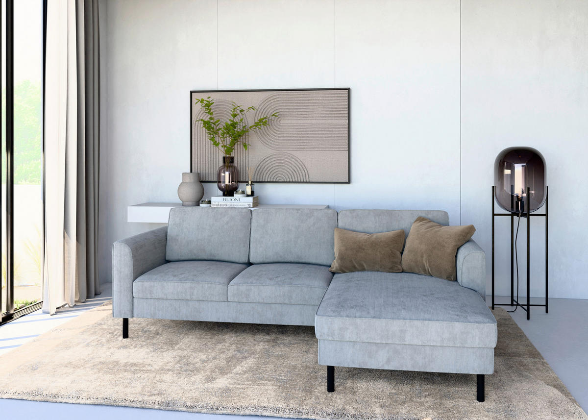 ECKSOFA  in Cord Grau  232/161 cm  - Schwarz/Grau, MODERN, Textil/Metall (232/161cm) - Trendmanufaktur