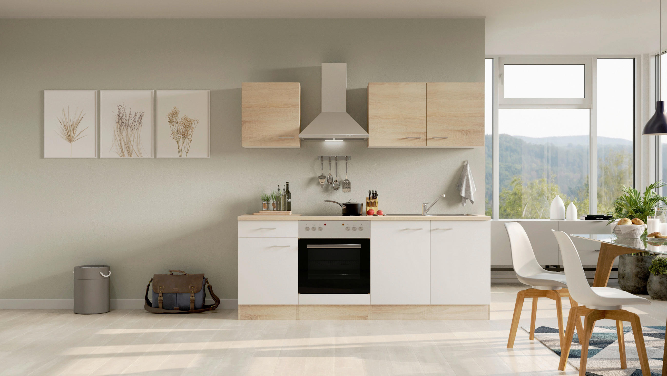KÜCHENBLOCK 210 cm in Weiß, Sonoma Eiche - Alufarben/Weiß, MODERN, Holzwerkstoff/Kunststoff (210cm) - FlexWell