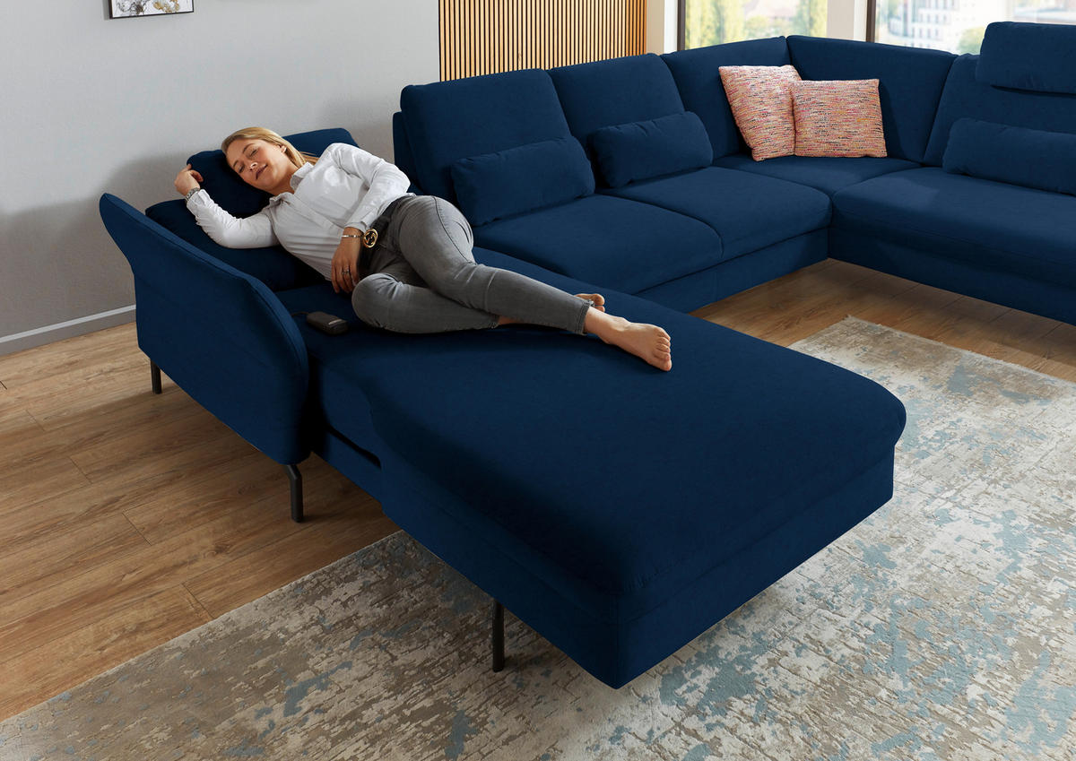 WOHNLANDSCHAFT in Velours Dunkelblau  - Schwarz/Dunkelblau, Design, Textil/Metall (179/335/220cm) - Beldomo System