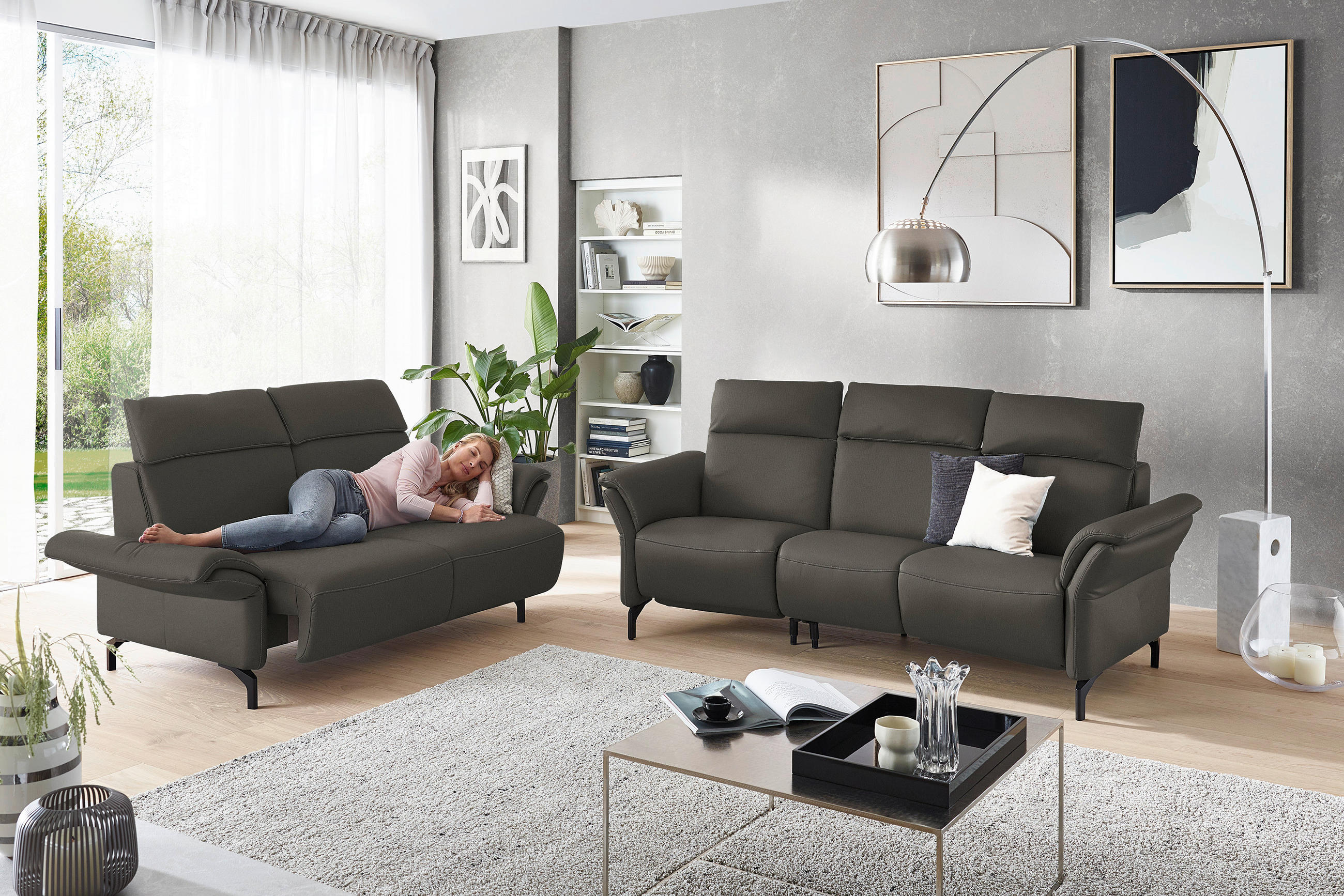 2-SITZER-SOFA in Echtleder Dunkelgrau  - Dunkelgrau/Schwarz, Konventionell, Leder/Metall (178/103/92cm) - Dieter Knoll