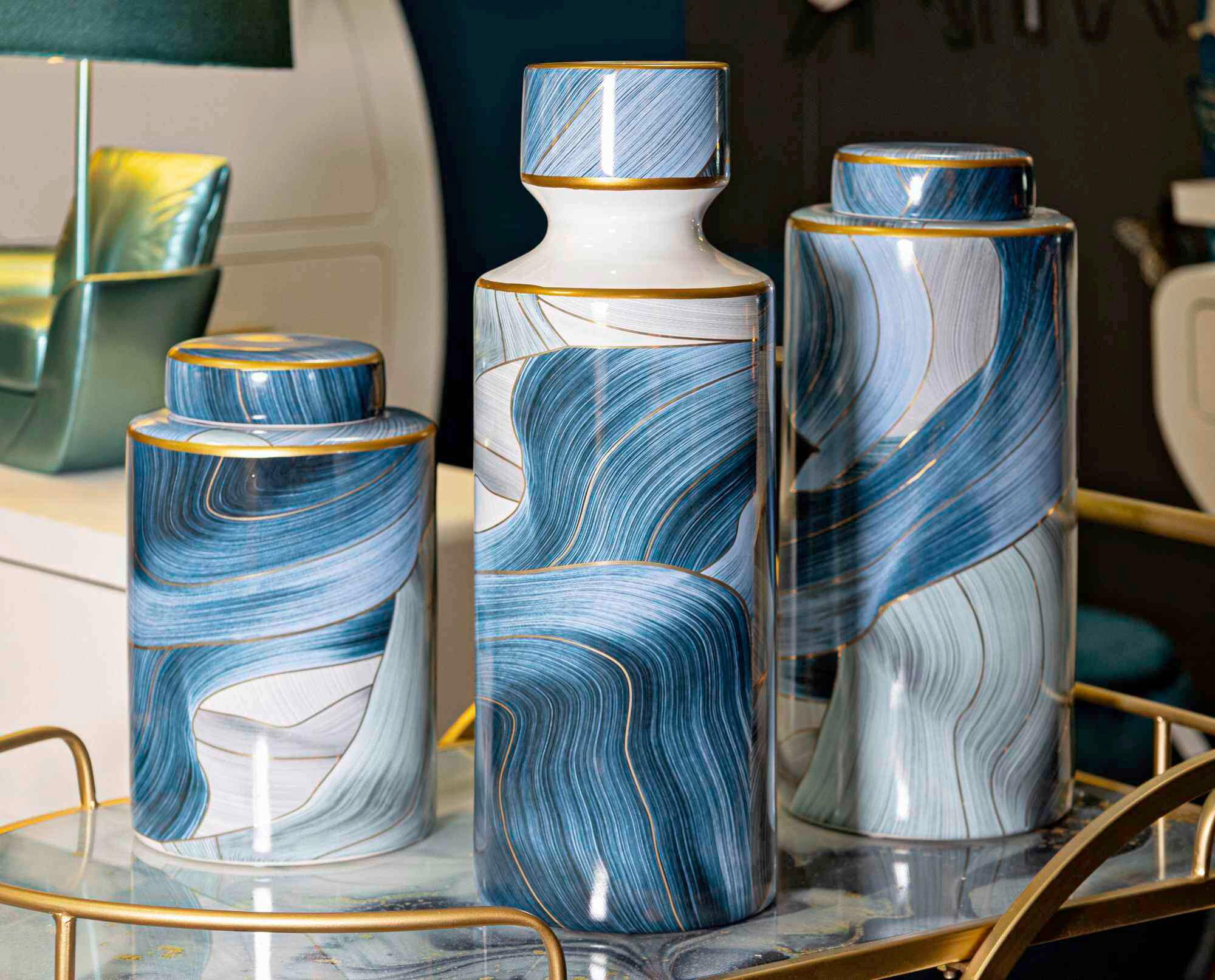 Vase Elegant  - Blau/Goldfarben, Basics, Keramik (15/34/15cm)