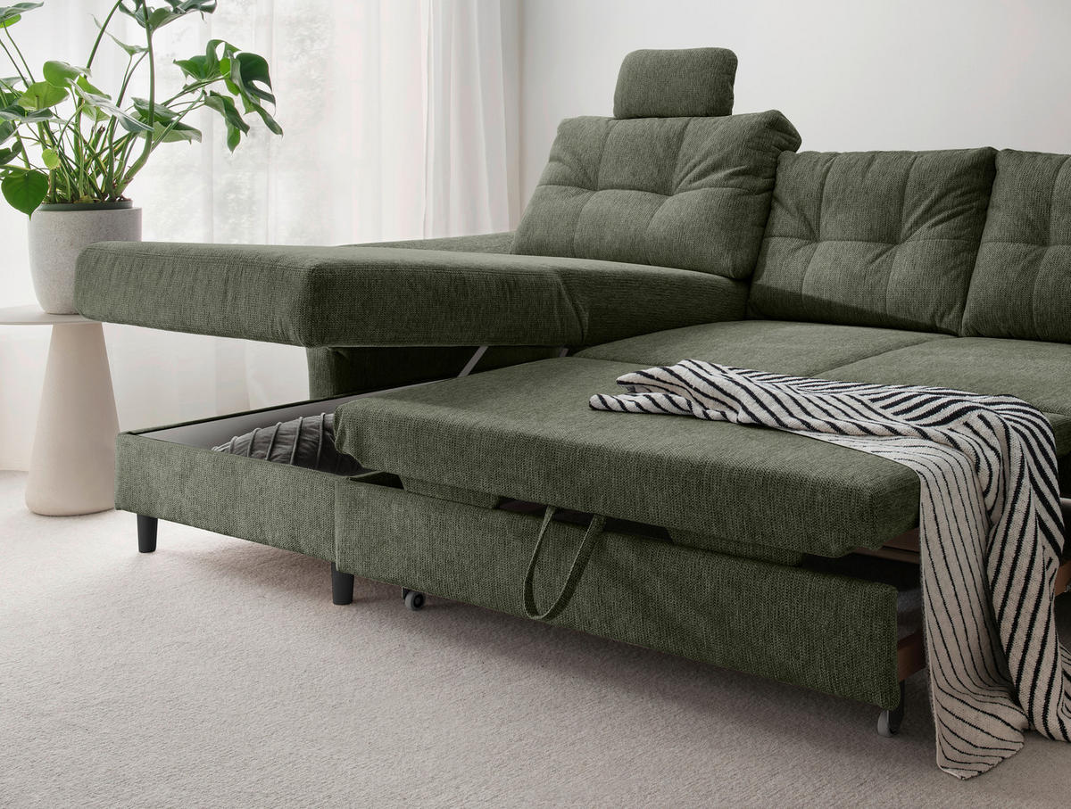 WOHNLANDSCHAFT in Chenille Dunkelgrün  - Dunkelgrün/Schwarz, Modern, Holz/Textil (176/338/206cm) - Livetastic
