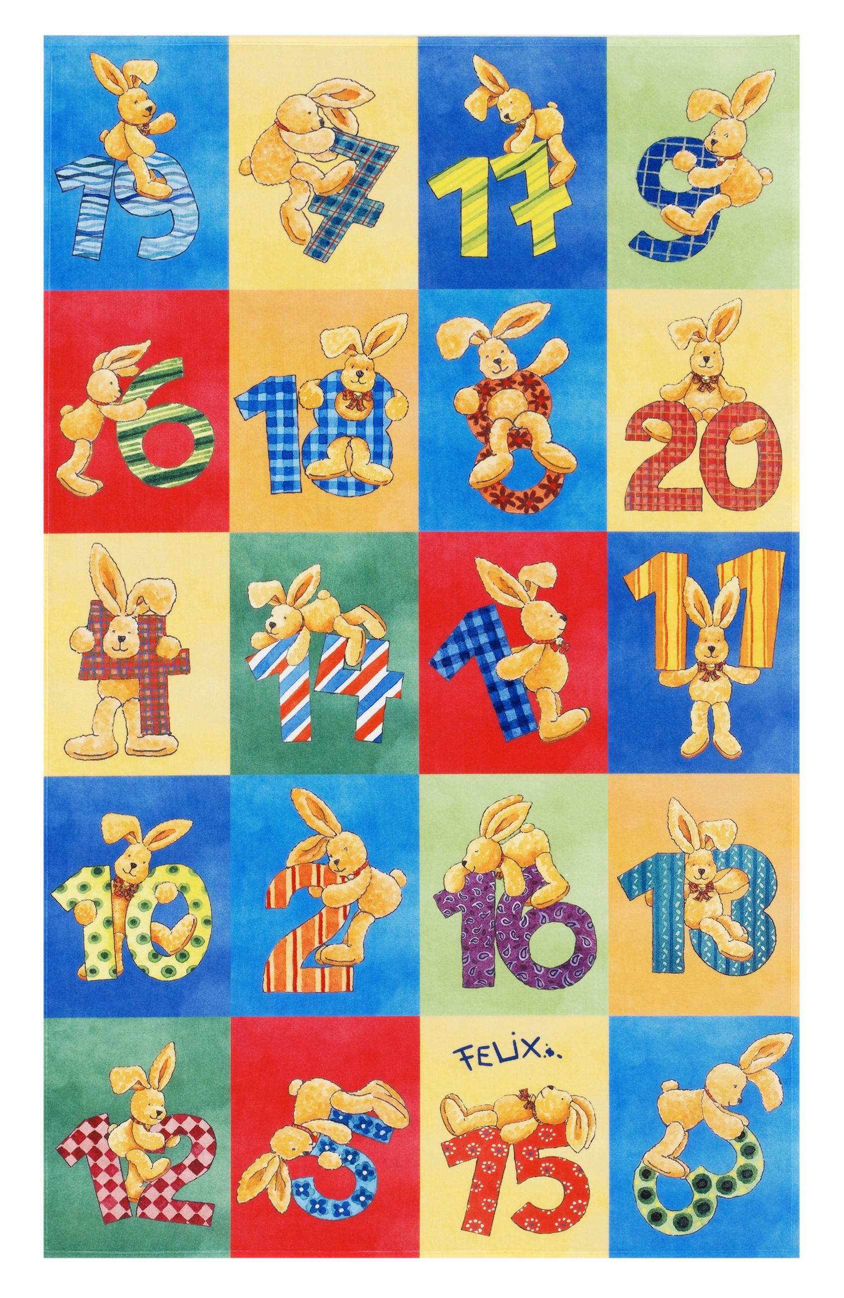 Ben'n'jen Kinderteppich Felix der Hase Blau, Gelb, Grün, Rot, Hellgrün 140x200 cm
