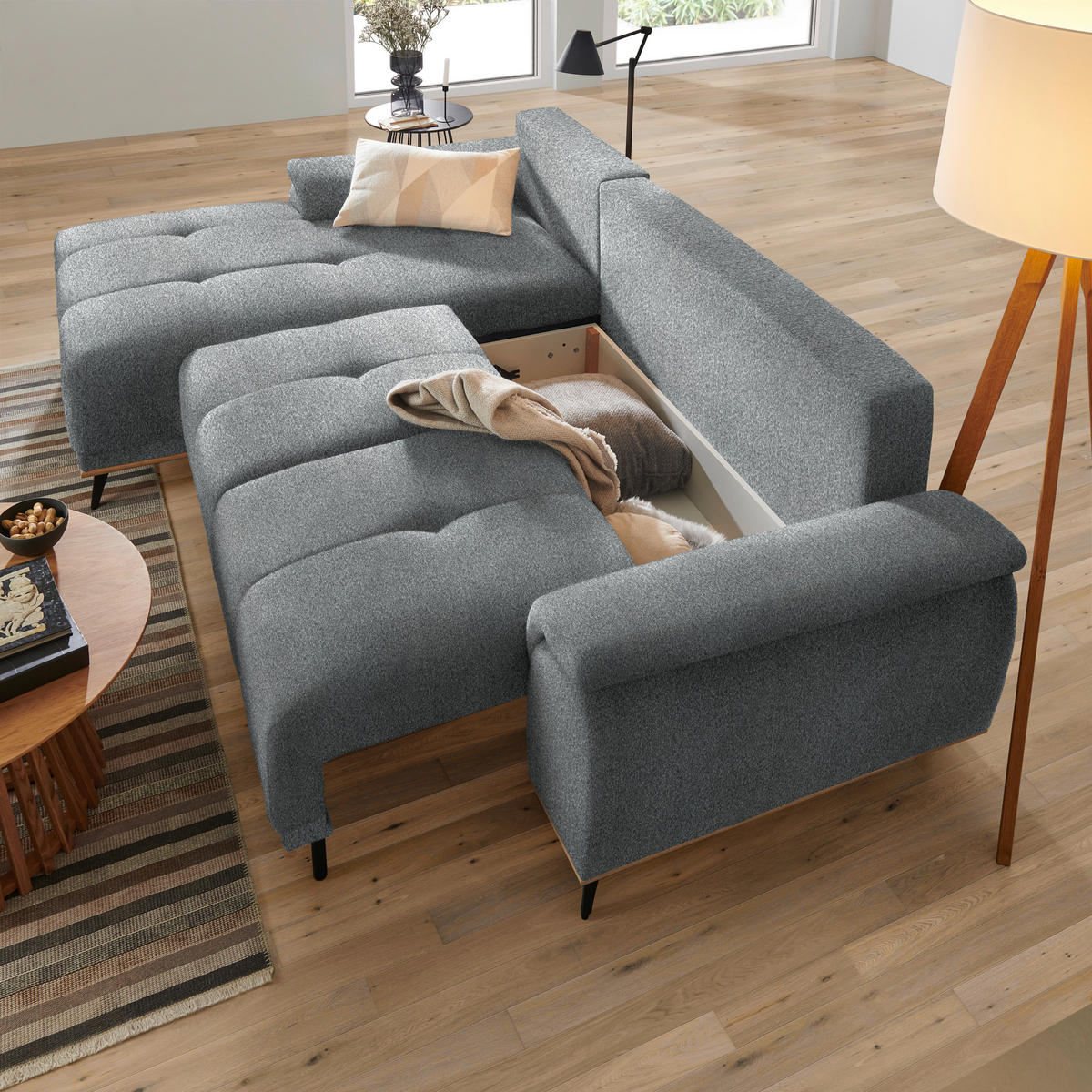 ECKSOFA in Chenille Anthrazit  - Anthrazit/Schwarz, Modern, Textil/Metall (168/262cm) - home24