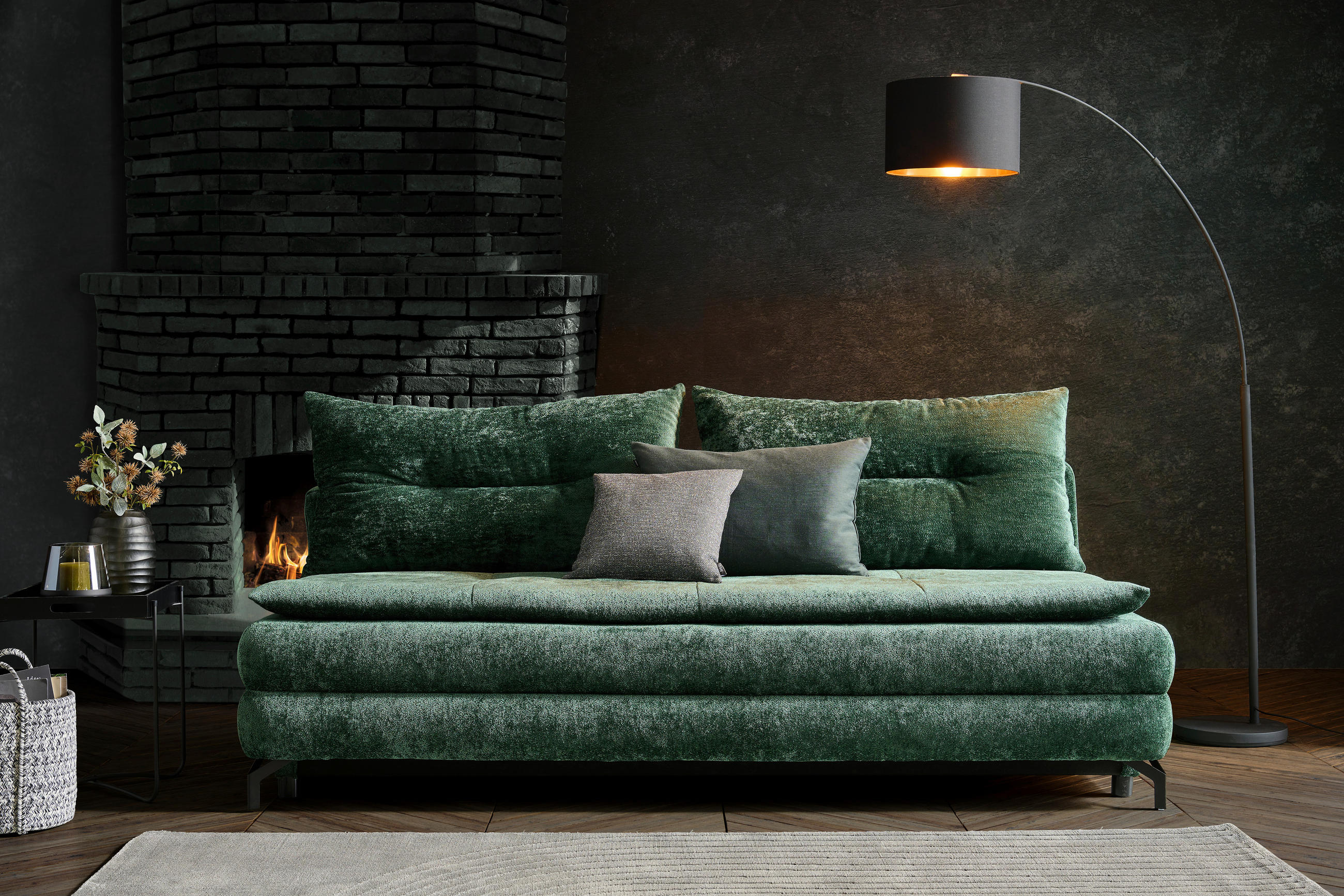 SCHLAFSOFA in Chenille, Plüsch Grün  - Schwarz/Grün, Design, Textil/Metall (208/73/92/102cm) - Novel