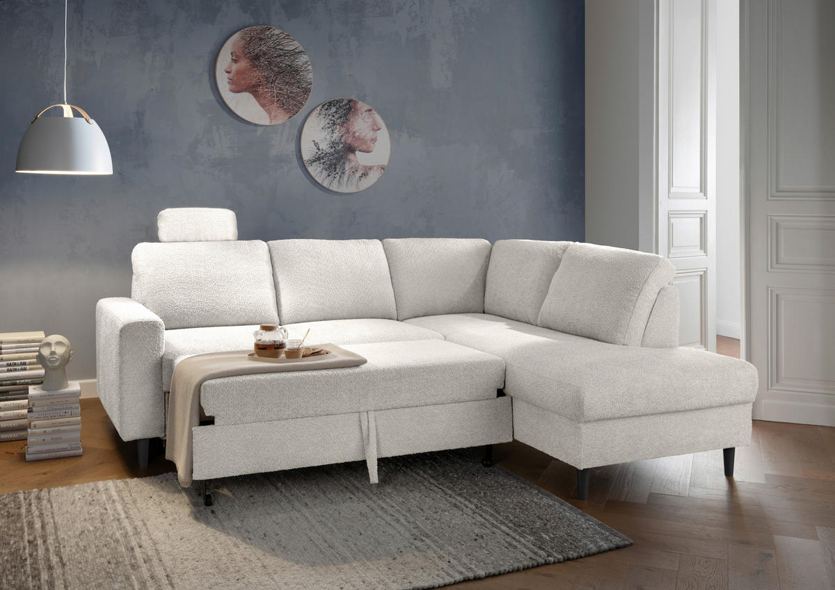 ECKSCHLAFSOFA in Weiss Textil   - Weiss/Schwarz, Modern, Holz/Textil (242/200cm) - Livetastic
