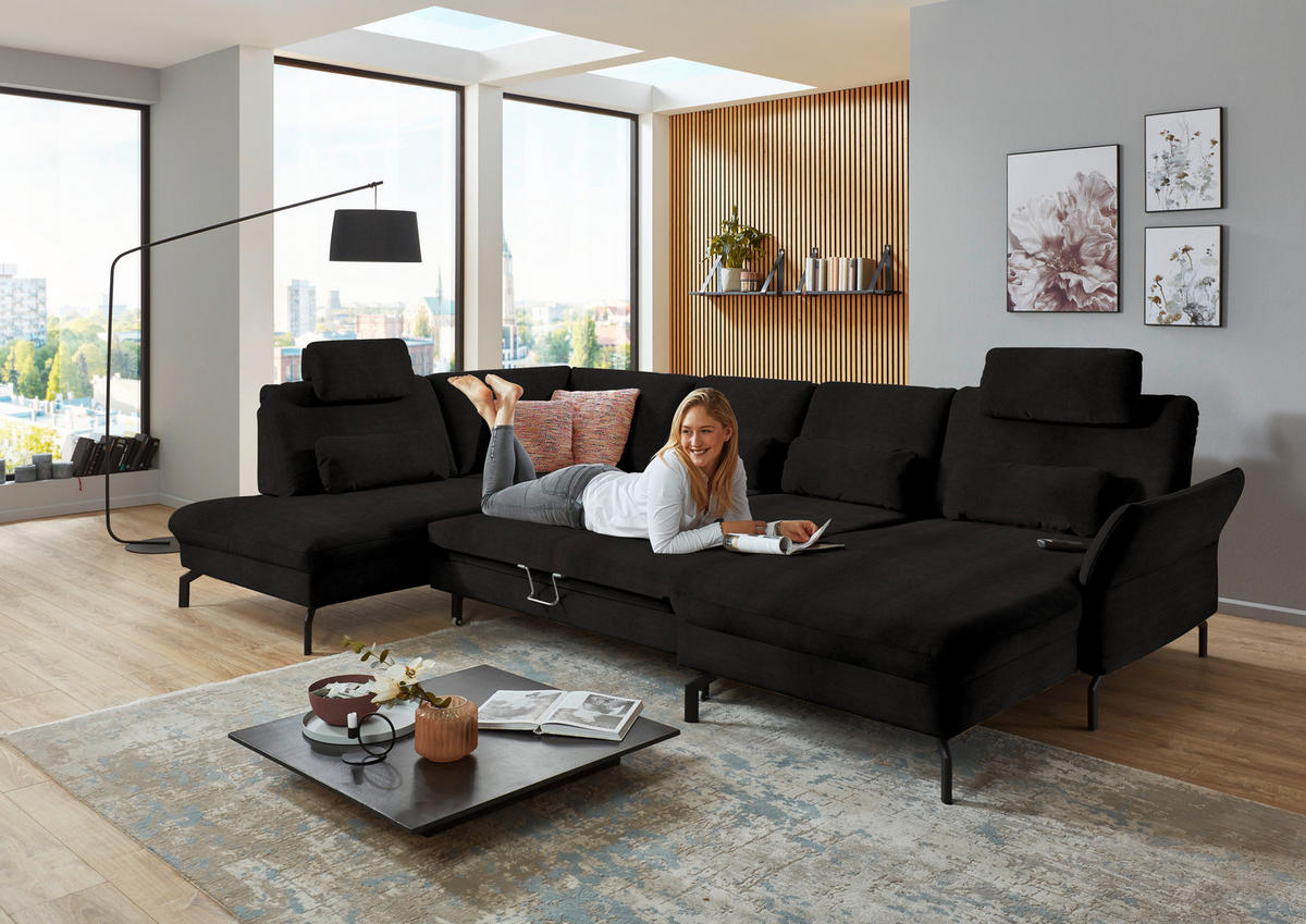 WOHNLANDSCHAFT in Velours Dunkelbraun  - Dunkelbraun/Schwarz, Design, Textil/Metall (220/335/179cm) - Beldomo System