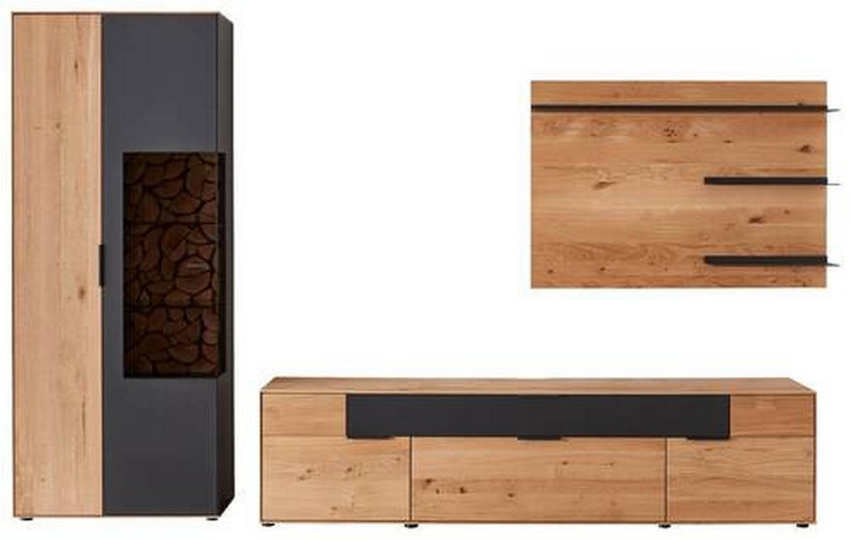 WOHNWAND  in Schwarz, Eichefarben  293/195,9/45,2 cm  - Eichefarben/Erlefarben, Design, Glas/Holz (293/195,9/45,2cm) - Valdera