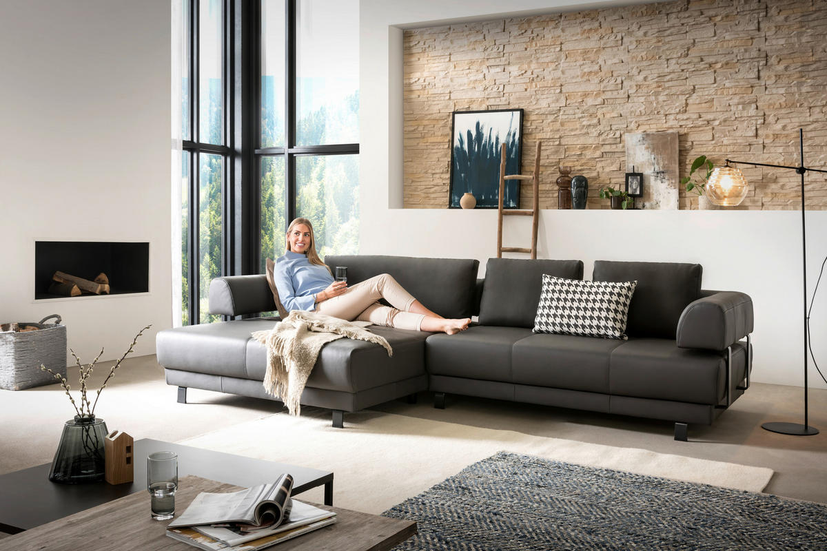ECKSOFA in Echtleder Schieferfarben  - Schieferfarben/Schwarz, Design, Leder/Metall (188/307cm)