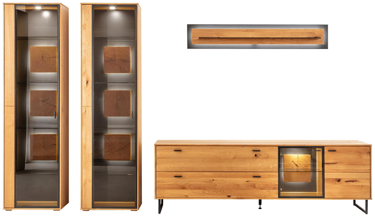 WOHNWAND  in Wildeiche 359/206/50 cm  - Wildeiche/Schwarz, Design, Glas/Holz (359/206/50cm) - MID.YOU