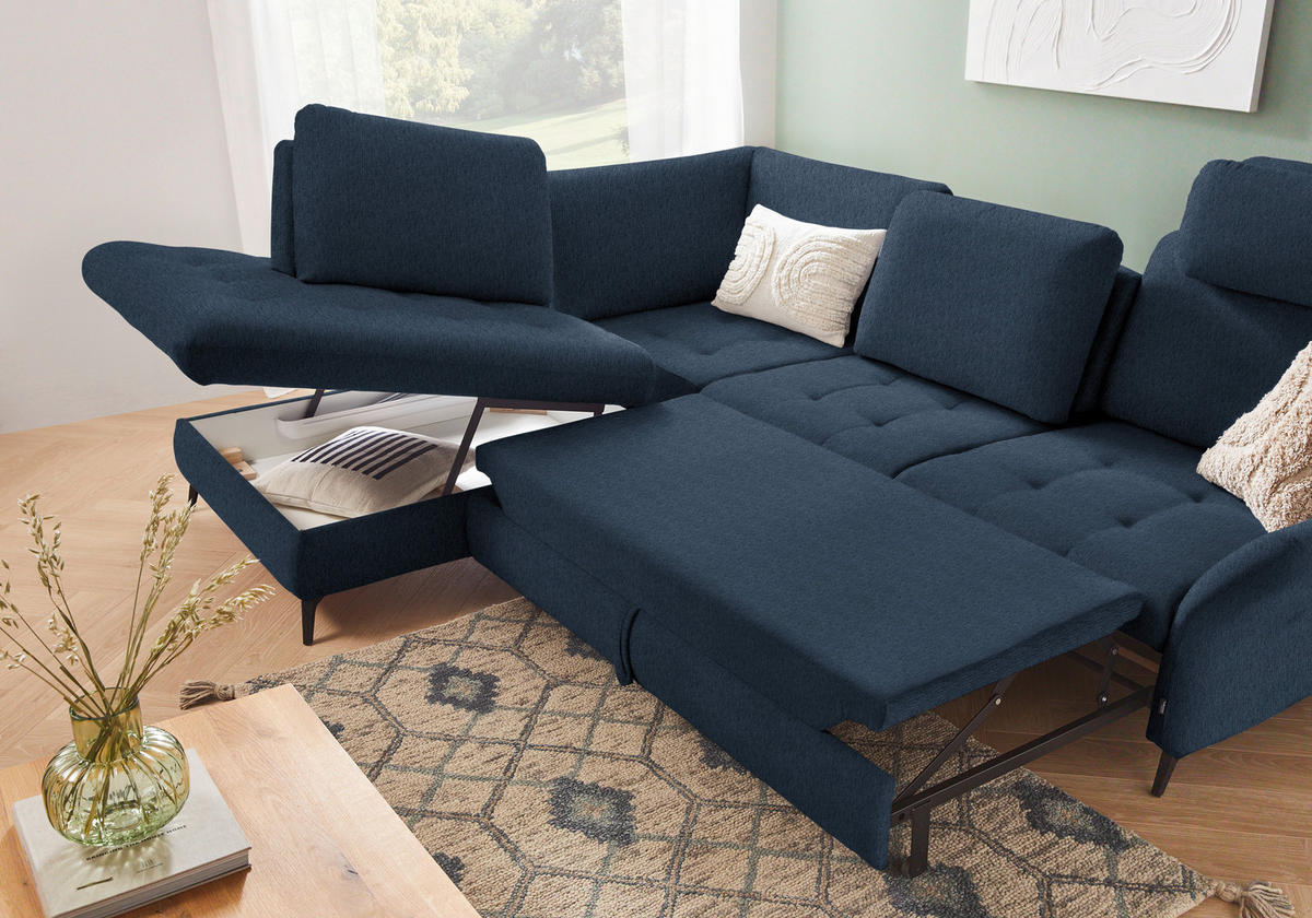ECKSOFA in Chenille Blau  - Blau/Schwarz, Natur, Textil/Metall (233/288cm) - Valnatura