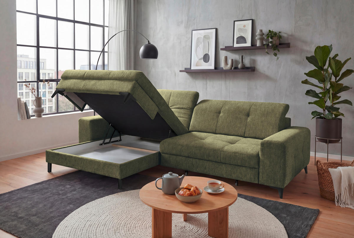 ECKSOFA SORELLA Dunkelgrün Chenille Kopfteilverstellung, Sitztiefenverstellung  - Dunkelgrün/Schwarz, Design, Kunststoff/Textil (182/328cm) - MID.YOU