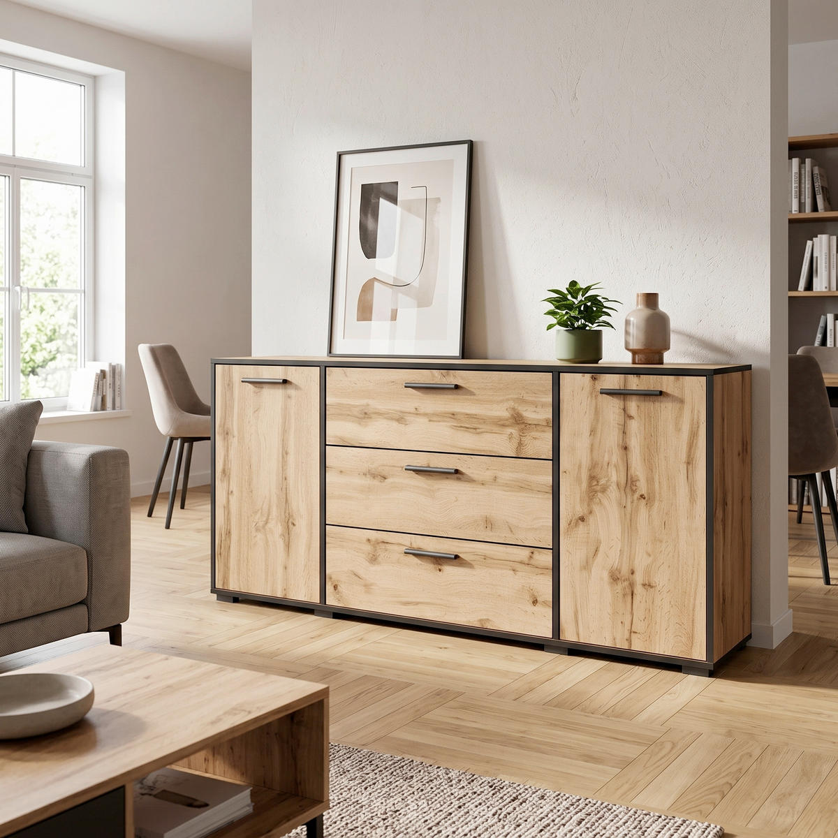 SIDEBOARD Bogota 150/68/40 cm 3 Schublade(n)  - Eiche Wotan/Schwarz, Basics, Holzwerkstoff/Kunststoff (150/68/40cm) - P & B