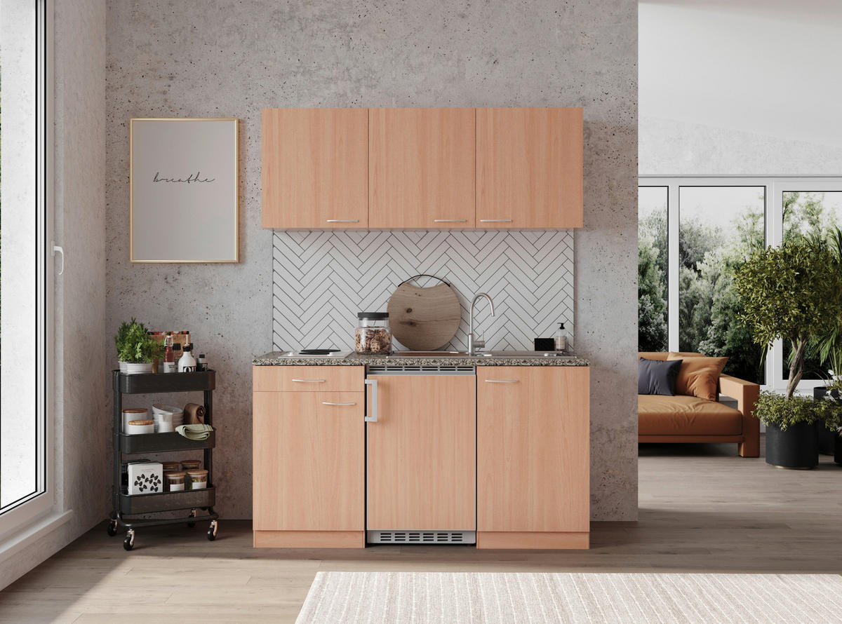 MINIKÖK 150 cm   i bokfärgad  - bokfärgad/aluminiumfärg, Klassisk, trämaterial/plast (150cm) - Respekta