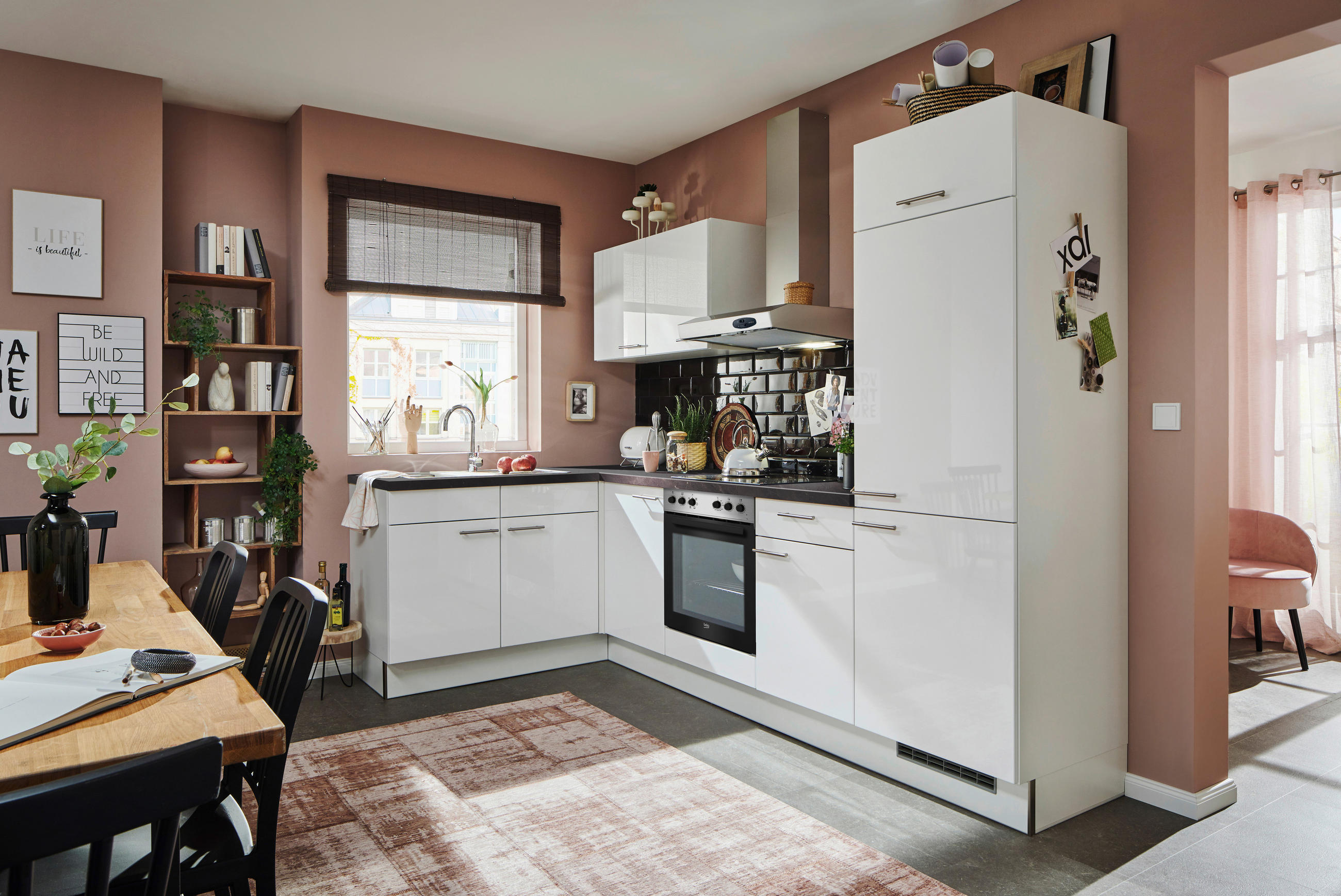 ECKKÜCHE 165/285 cm  in Grau, Weiß Hochglanz  - Edelstahlfarben/Weiß Hochglanz, Design, Holzwerkstoff/Metall (165/285cm) - Pino