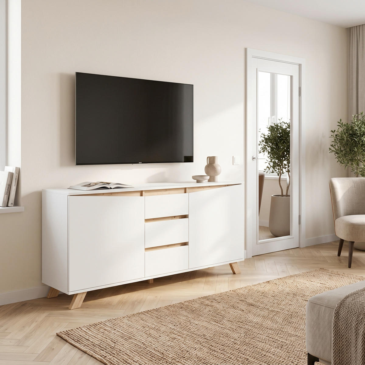 SIDEBOARD Valentin 160/76/38 cm 3 Schublade(n)  - Weiß/Eiche Artisan, MODERN, Holzwerkstoff (160/76/38cm) - MID.YOU