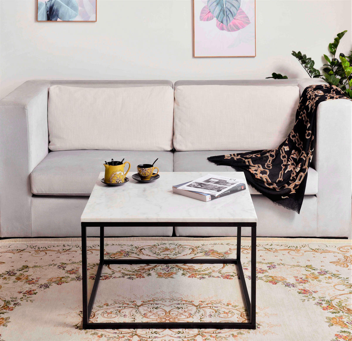 COUCHTISCH 75/75/48 cm quadratisch Schwarz, Weiß  - Schwarz/Weiß, Design, Stein/Metall (75/75/48cm) - MID.YOU