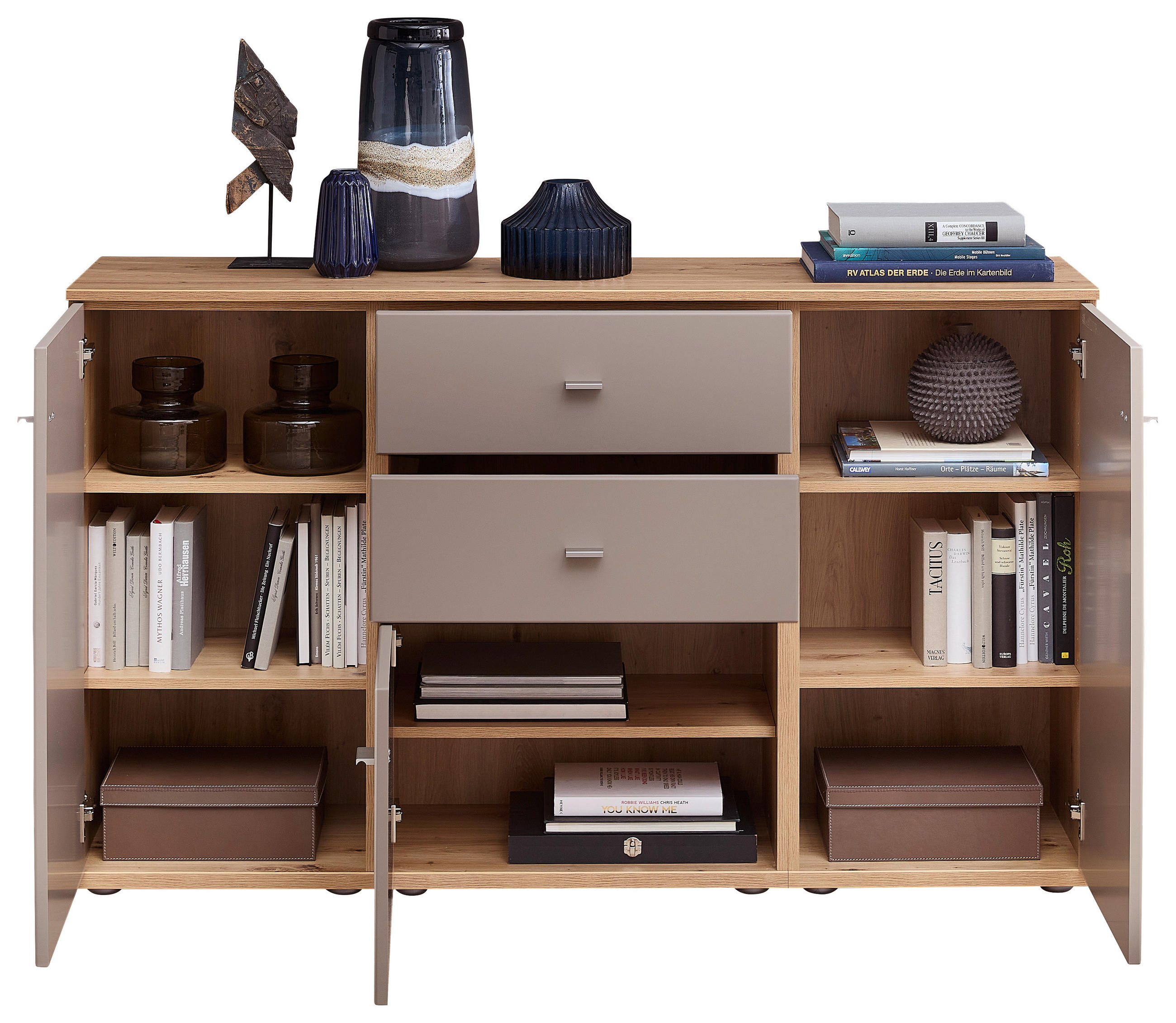 Thumbnail - Venda Sideboard, Grau, Alteiche, Metall, 5 Fächer, 2 Schubladen, 150x90x40 cm, Goldenes M, erweiterbar, individuell plan...