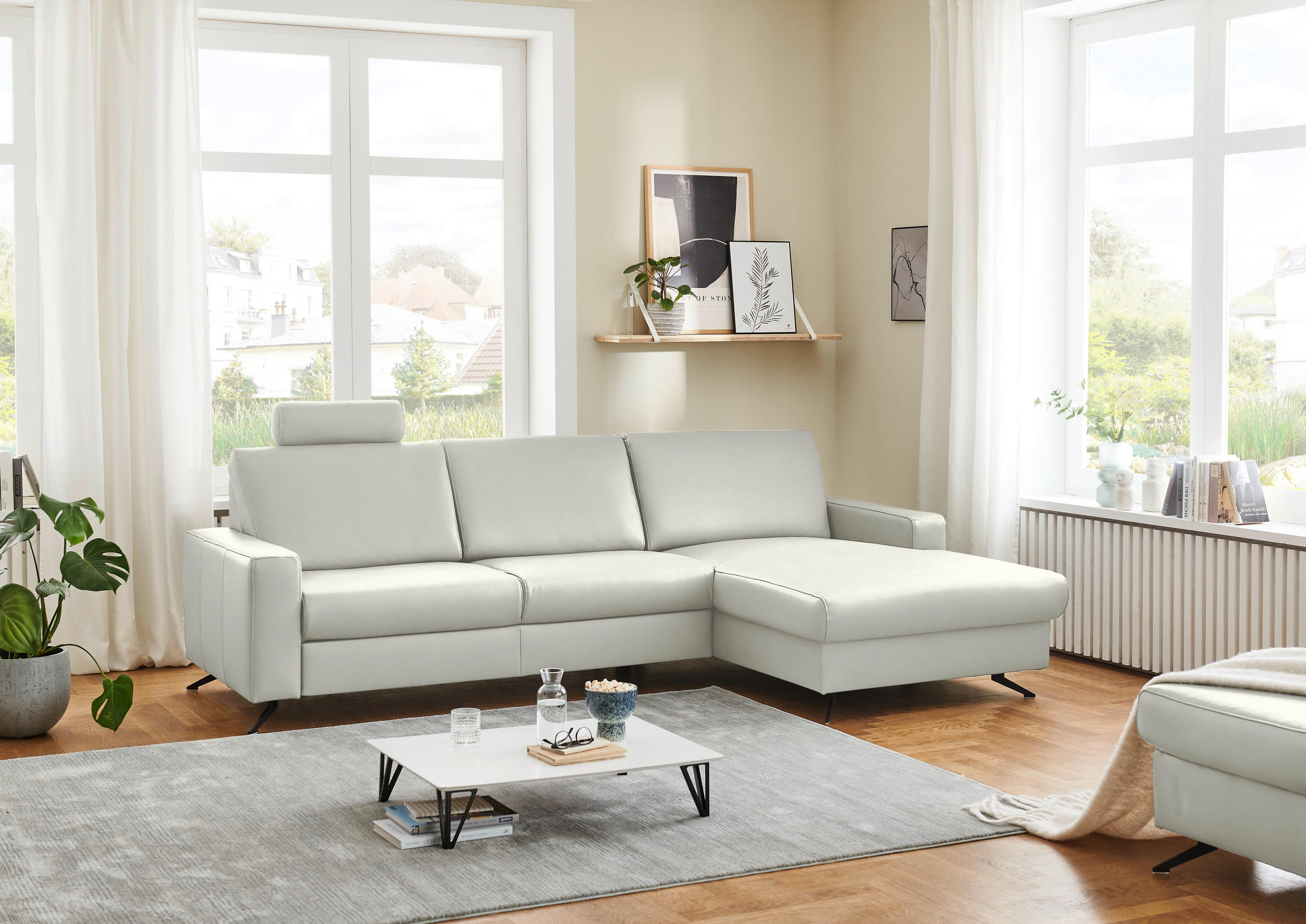 ECKSOFA in Echtleder Weiß  267/165 cm  - Schwarz/Weiß, Design, Leder/Metall (267/165cm) - Lomoco