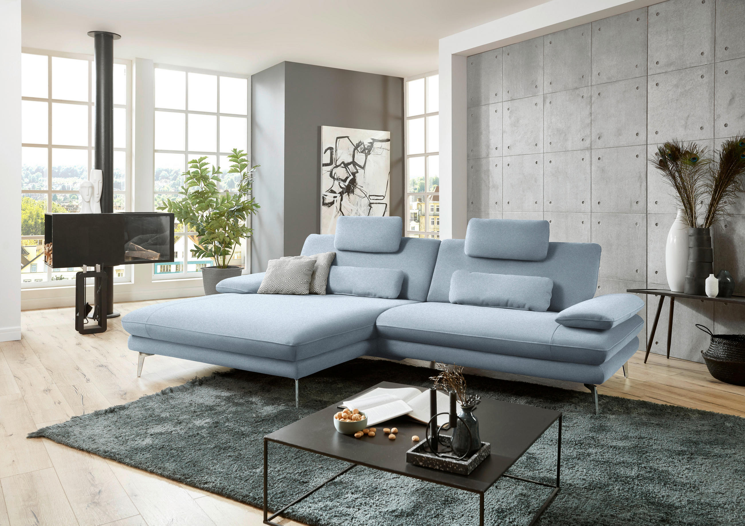 ECKSOFA in Webstoff Hellblau  - Schwarz/Hellblau, Design, Textil/Metall (184/284cm) - Dieter Knoll