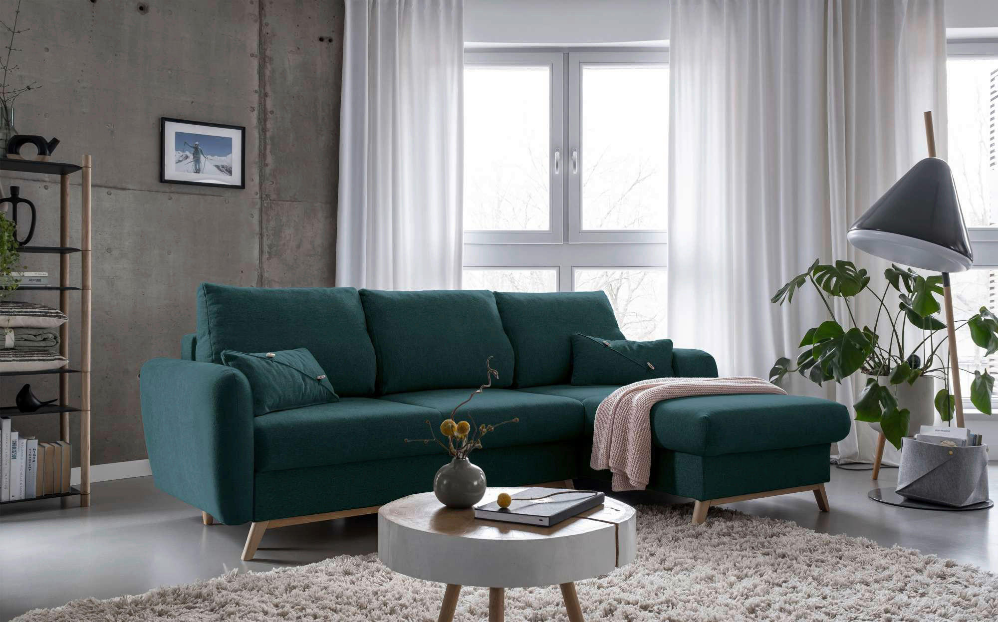 ECKSOFA Chenille Türkis  - Türkis/Naturfarben, Holz/Textil (235/157cm) - MID.YOU