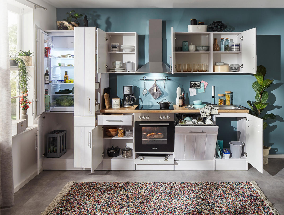 KÜCHENLEERBLOCK 310 cm   in Weiß, Lärchefarben  - Wildeiche/Edelstahlfarben, Basics, Holzwerkstoff/Metall (310cm) - Respekta