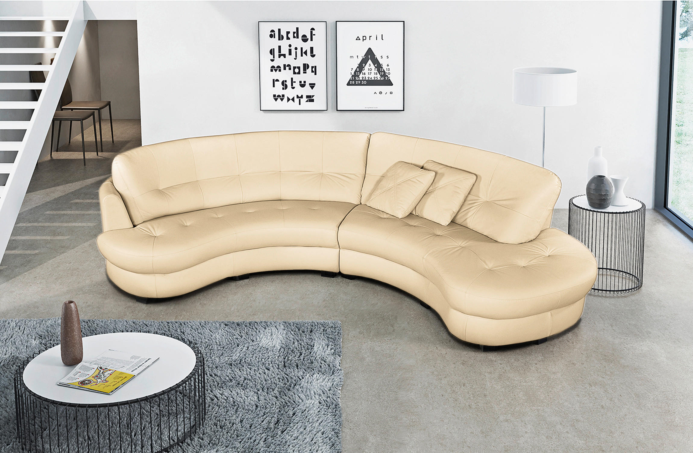 ECKSOFA Beige Echtleder Lederlook  - Beige/Schwarz, Design, Leder/Kunststoff (300/113cm) - Livetastic