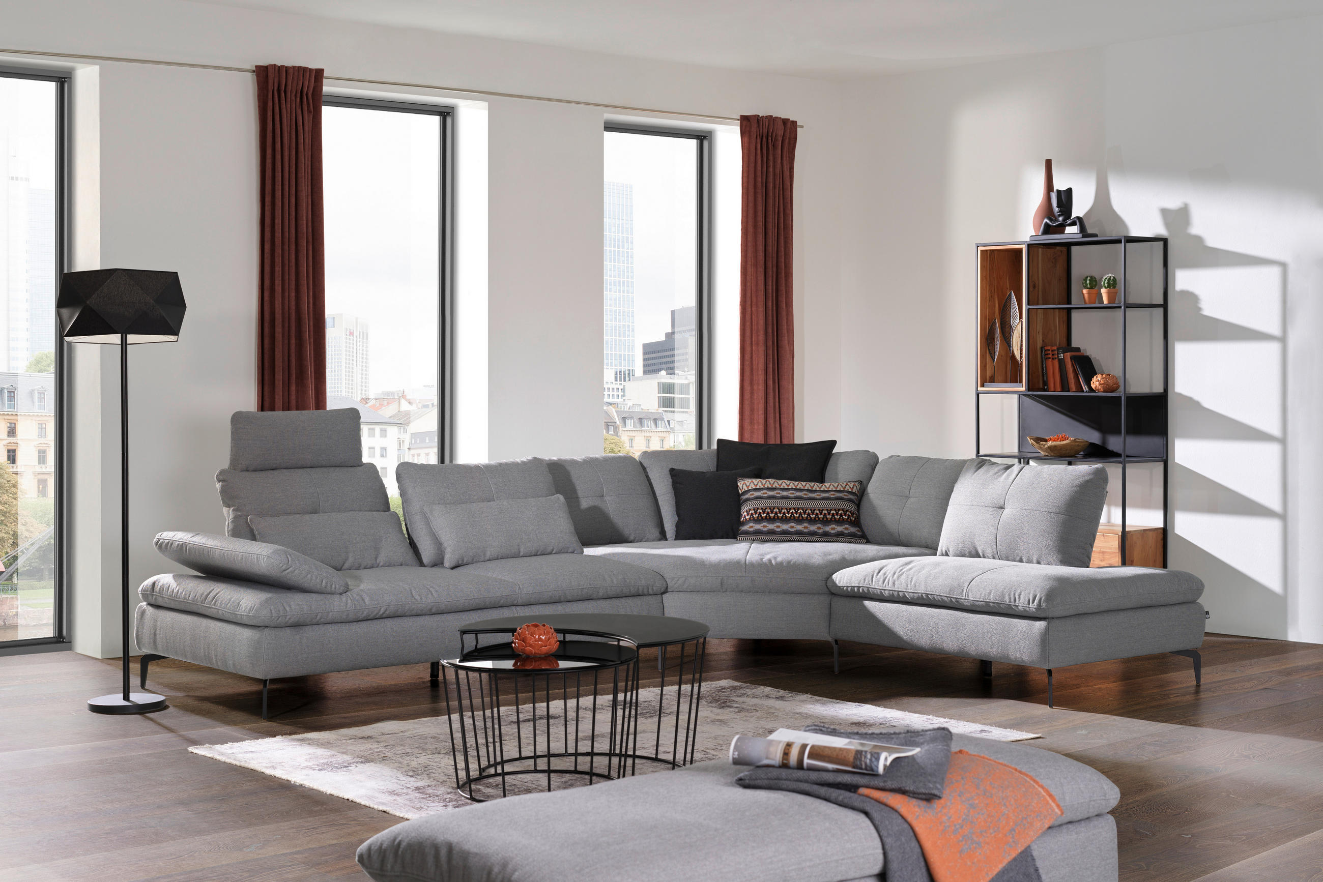 ECKSOFA in Flachgewebe Hellgrau  - Hellgrau/Schwarz, Design, Textil/Metall (271/344cm) - Chilliano