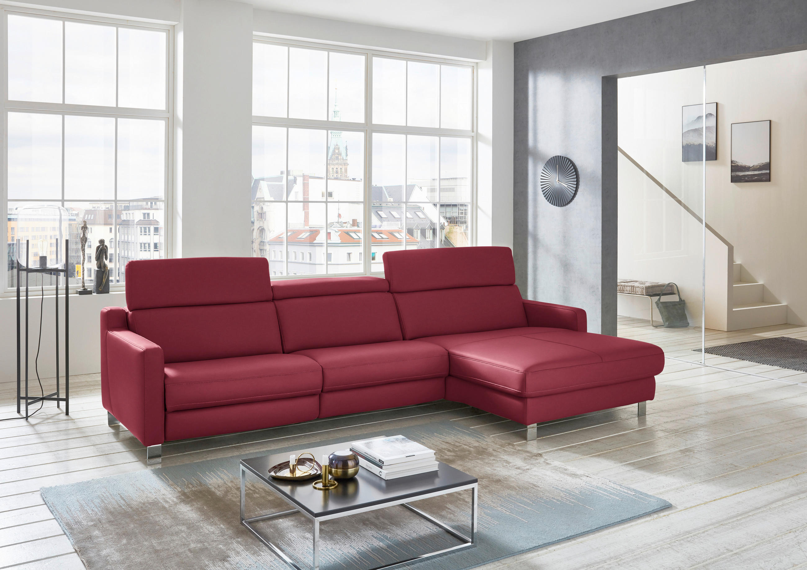 ECKSOFA in Echtleder Bordeaux  - Chromfarben/Bordeaux, Design, Leder/Metall (291/176cm) - Valdera