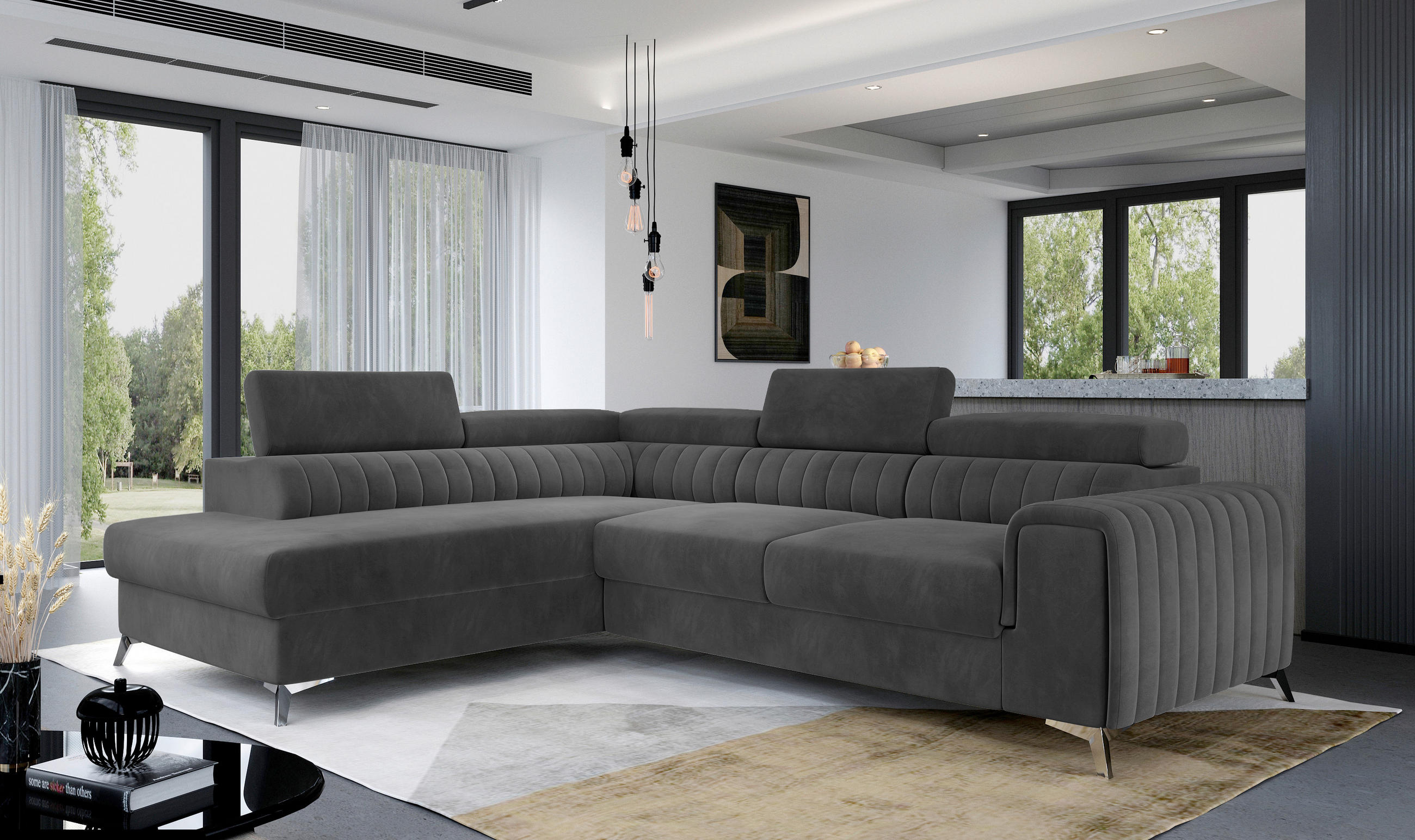 ECKSOFA Anthrazit Samt  - Anthrazit/Silberfarben, Design, Textil/Metall (205/278cm) - MID.YOU
