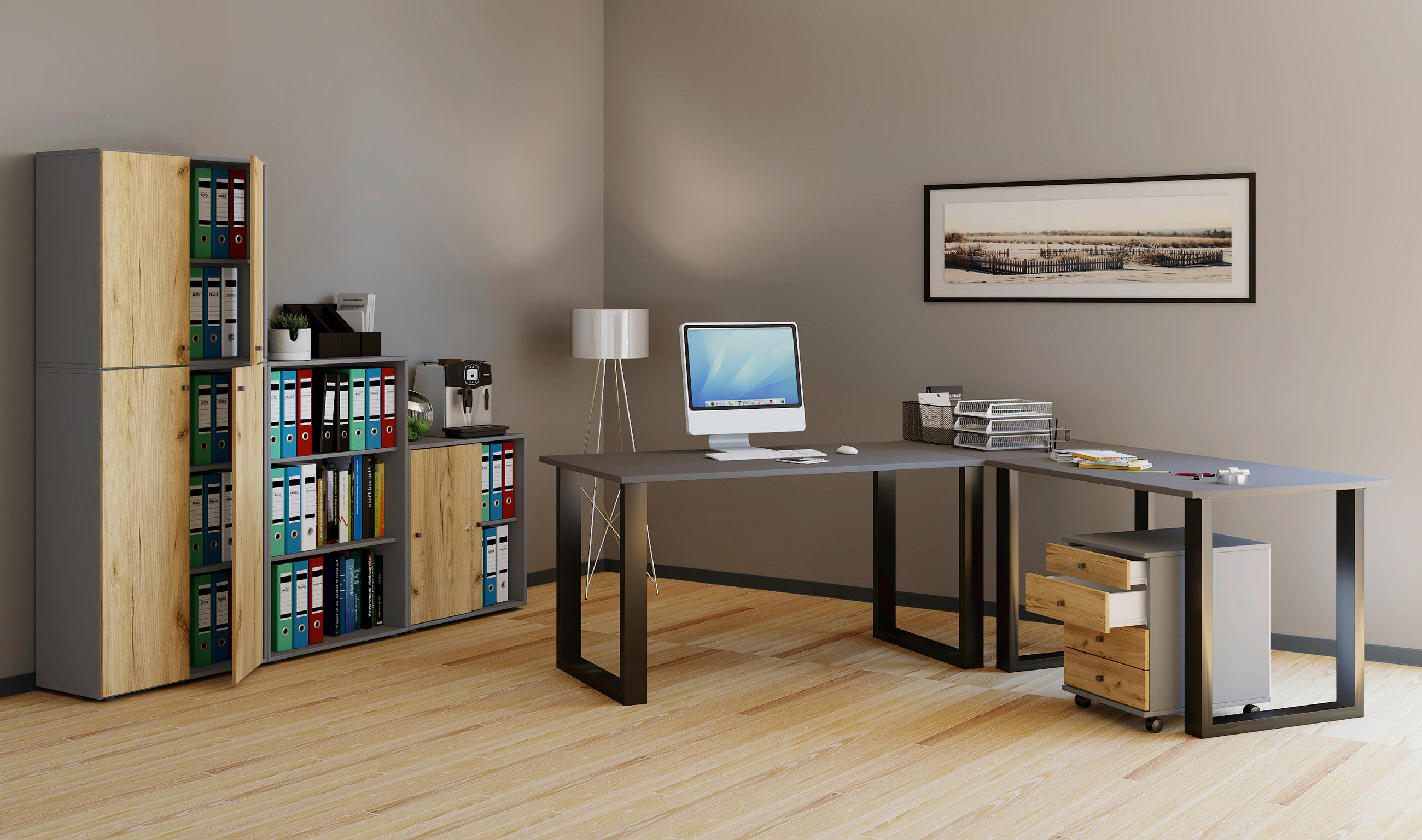 ECKSCHREIBTISCH 190/190/76 cm  in Anthrazit, Schwarz  - Anthrazit/Schwarz, Design, Holzwerkstoff/Metall (190/190/76cm) - MID.YOU