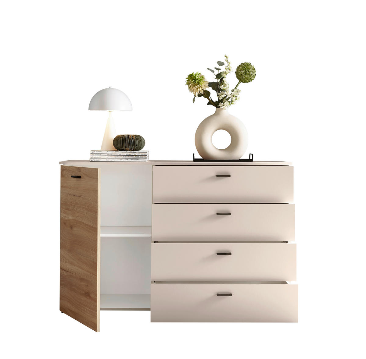 ŠIROKA KOMODA, barve hrasta, kašmir  - črna/kašmir, Konvencionalno, kovina/umetna masa (125/83,2/38cm) - Hom`in