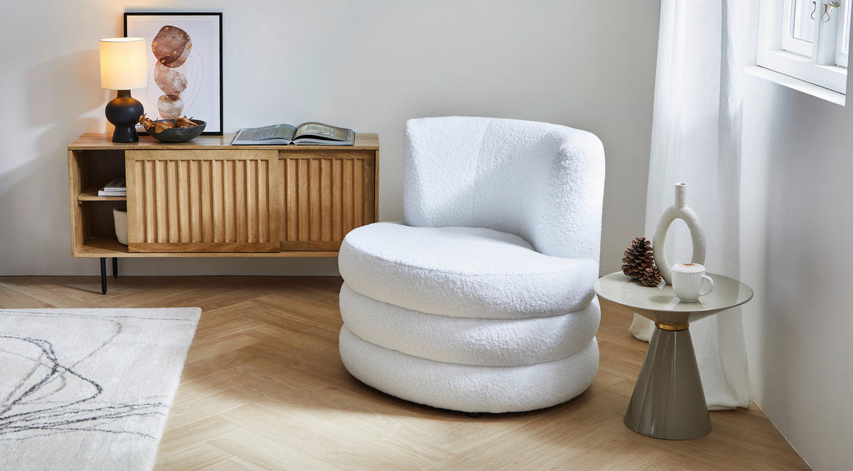 DESIGNSESSEL in Flachgewebe, Teddystoff Weiss  - Weiss/Edelstahlfarben, Trend, Textil/Metall (90/82/85cm) - Livetastic