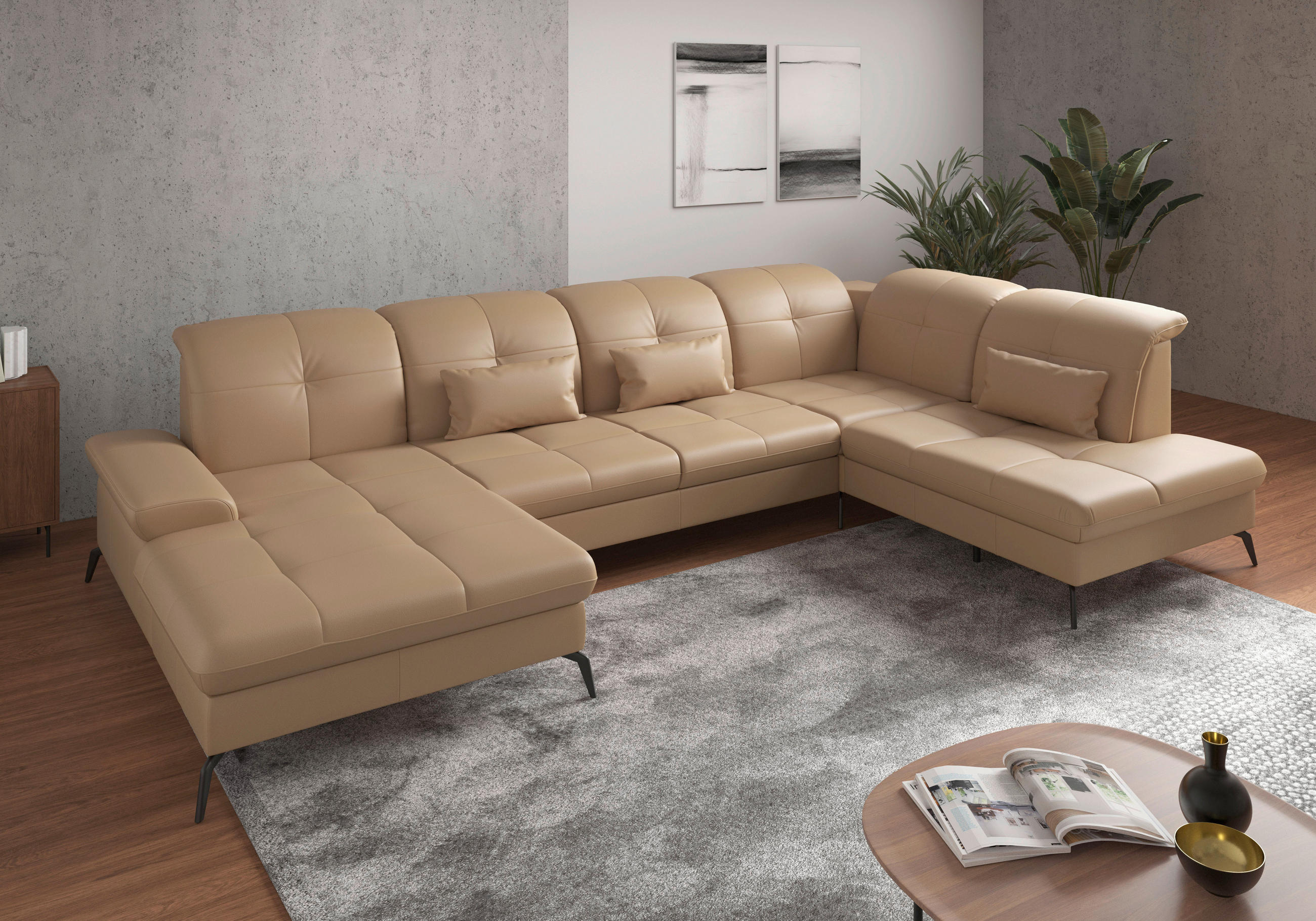WOHNLANDSCHAFT Cappuccino Echtleder  - Schwarz/Cappuccino, KONVENTIONELL, Leder/Metall (185/357/231cm) - Sit & More