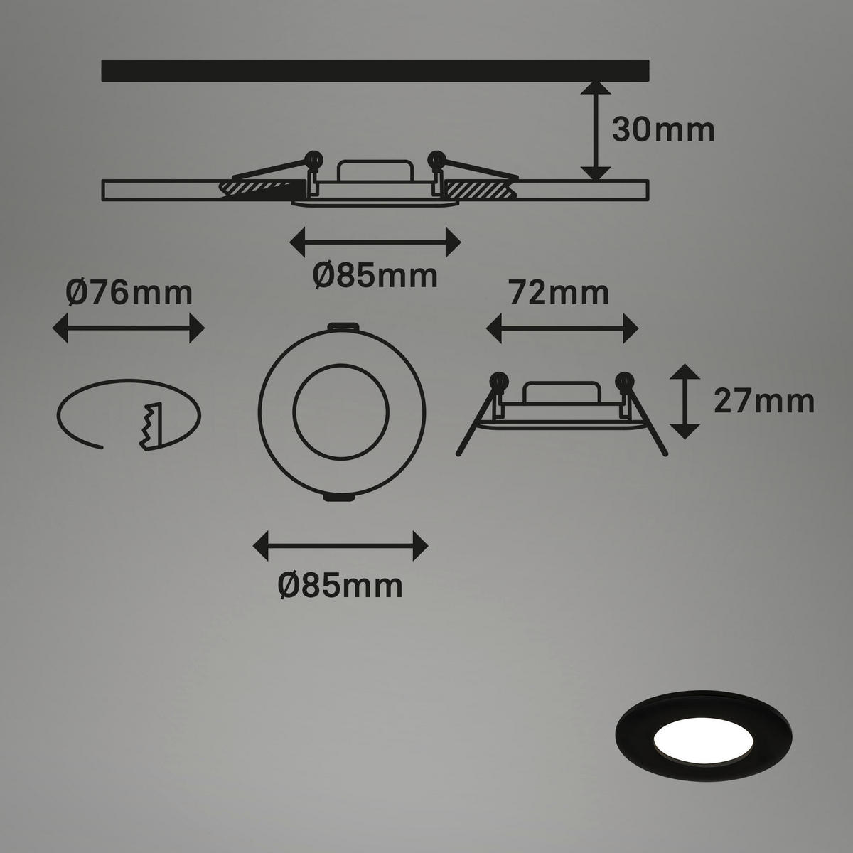 KUPAONSKA SVJETILJKA UGRADBEN  - crna, Basics, plastika (8,5cm)