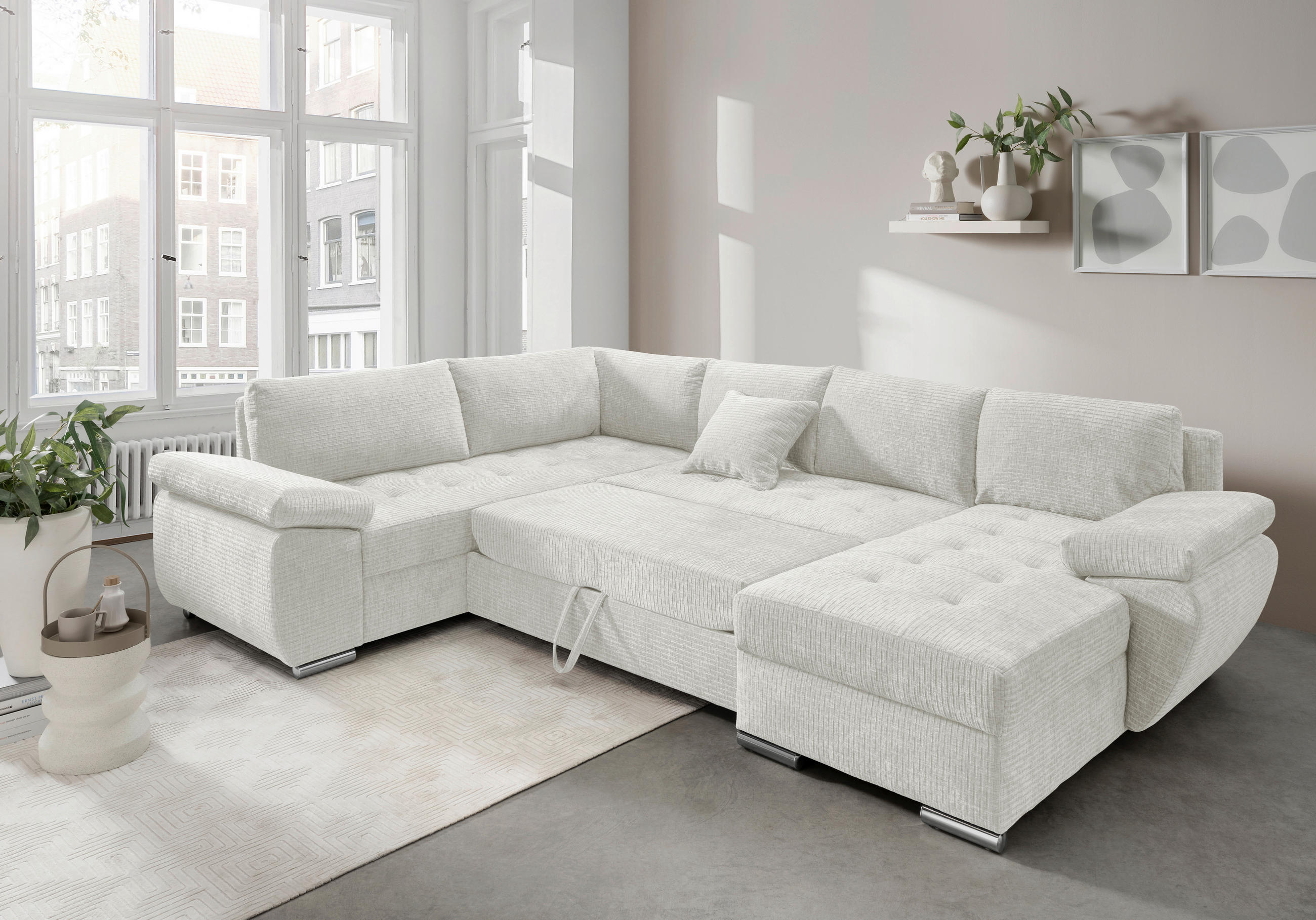 Wohnlandschaft Creme Mikrofaser  - Chromfarben/Creme, KONVENTIONELL, Textil/Metall (219/305/157cm) - Livetastic